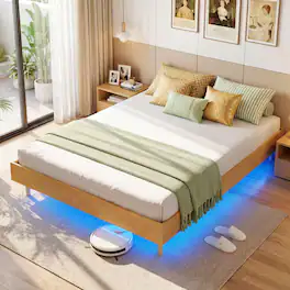 Costway - Queen Size Floating Bed Frame with LED Lights, 12 Inch Modern Wood Platform Bed - Natural