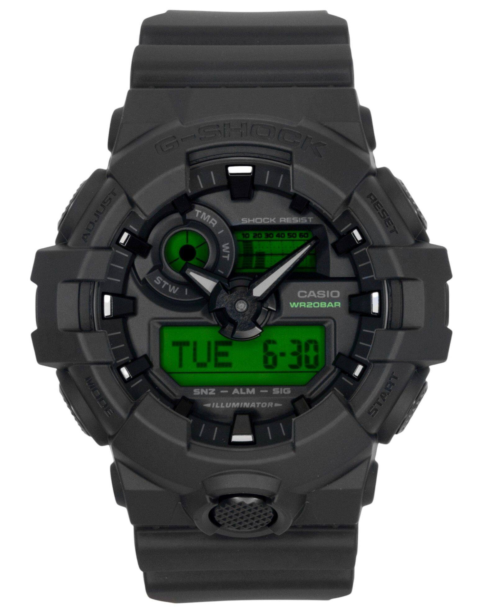 G-SHOCK ADJUST TMR - SHOCK RESIST 10 20 30 40 50 60 RESET WT STW I CASIO WR20BAR  
MODE  
TUE 6-30 SNZ - ALM - SIG ILLUMINATOR  
START