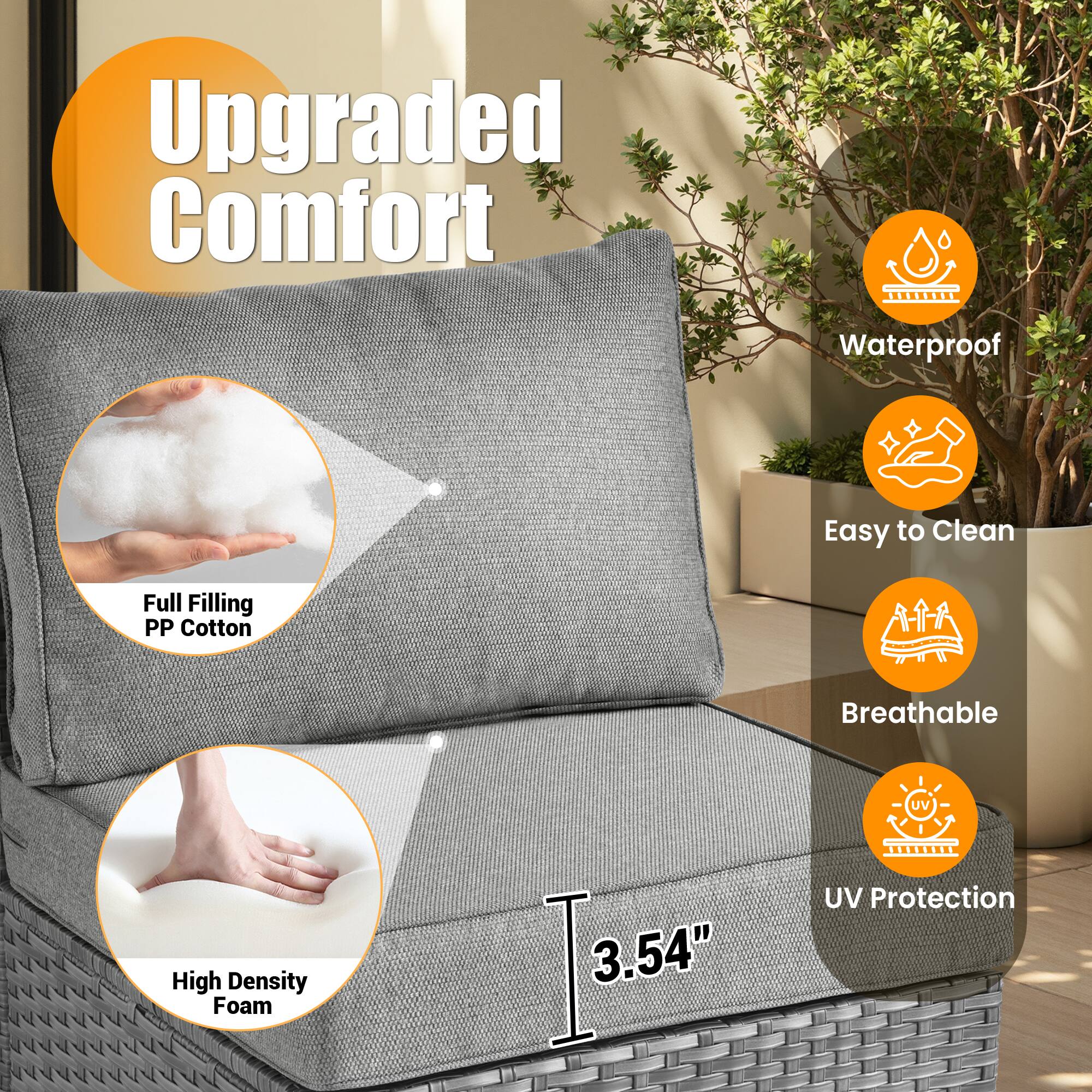 Upgraded Comfort

- Waterproof
- Easy to Clean
- Breathable
- UV Protection

- Full Filling PP Cotton
- High Density Foam

3.54"