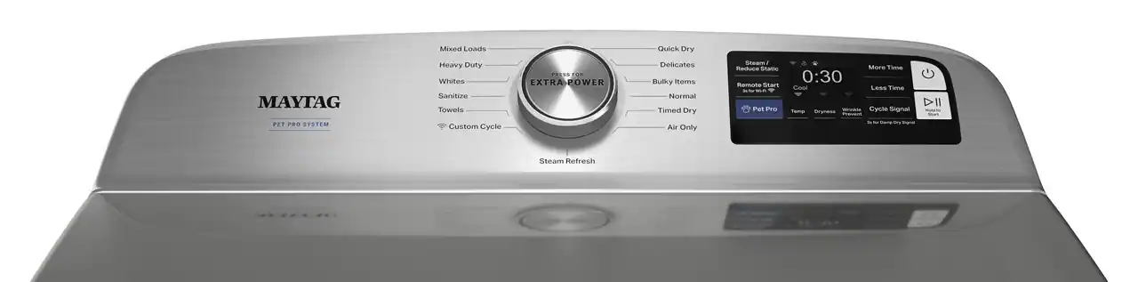 Sure, here is the corrected and grouped text from the image:

**Front Panel:**
- MAYTAG
- PET PRO SYSTEM
- Steam Refresh

**Control Dial:**
- Mixed Loads
- Heavy Duty
- Whites
- Sanitize
- Towels
- Custom Cycle
- Quick Dry
- Delicates
- Bulky Items
- Normal
- Timed Dry
- Air Only
- PRESS FOR EXTRA POWER

**Digital Display:**
- 0:30

**Buttons and Features:**
- More Time
- Less Time
- Cycle Signal
- Pet Pro
- Steam / Reduce Static
- Remote Start
- Cool
- Temp
- Dryness
- Wisp
- Prevent
- shamp dy
- Steam Refresh

**Additional Text:**
- DII -aa srynss Wat Cycle Signal Prevent - - shamp dy - Steam Refresh