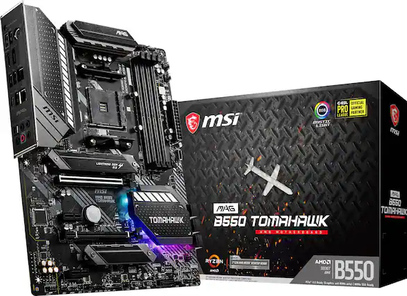 Front. MSI - B550 TOMAHAWK (Socket AM4) USB-C Gen2 AMD ATX GAMING Motherboard - Black.