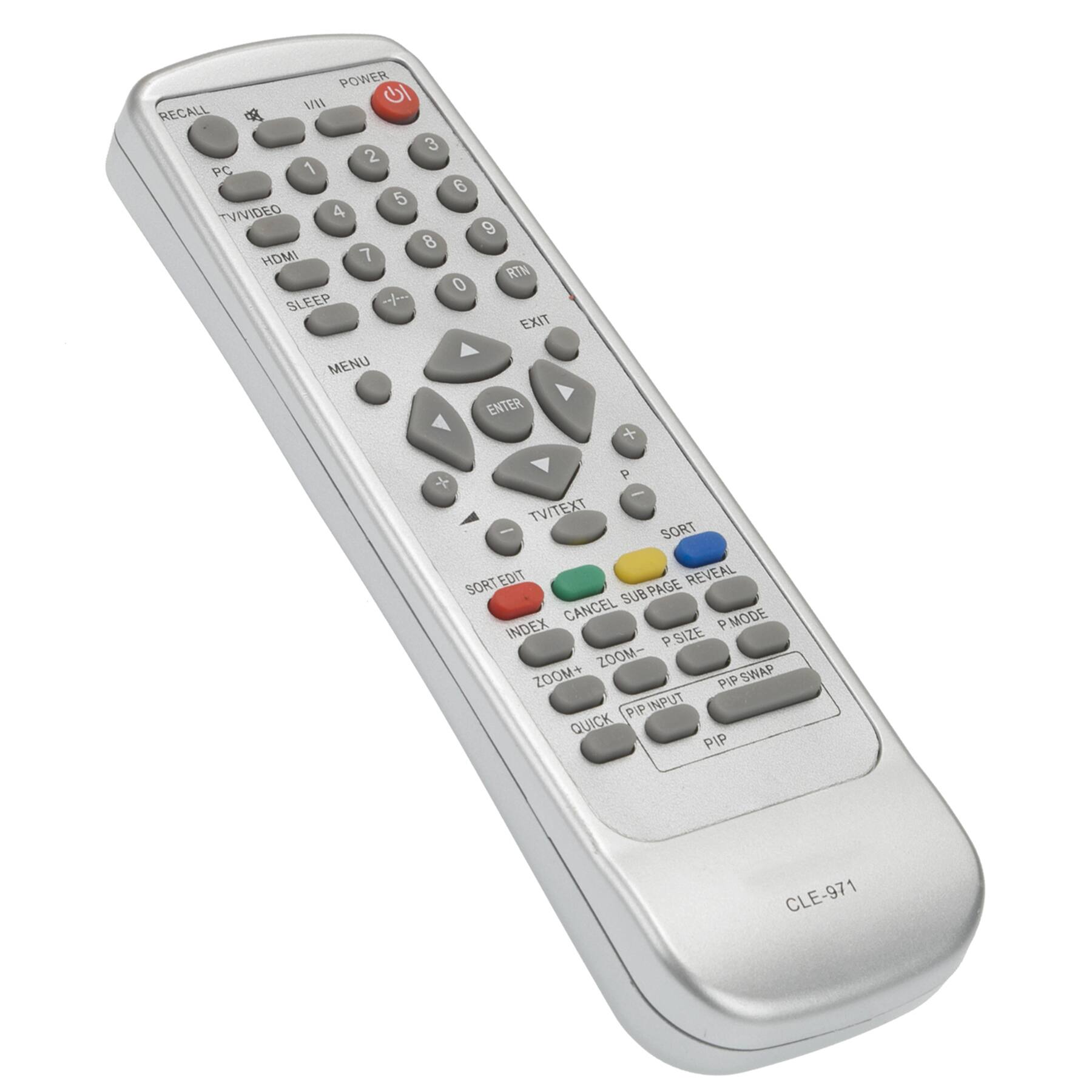 POWER  
RECALL  
VII  
PC  
TV/VIDEO  
HDMI  
SLEEP  
EXIT  
MENU  
ENTER  
TV/TEXT  
SORT  
SORT EDIT  
INDEX  
CANCEL SUBPAGE REVEAL  
P SIZE  
ZOOM-  
ZOOM+  
PUP  
PIP SWAP  
PIP INPUT  
QUICK PIP  
CLE-971