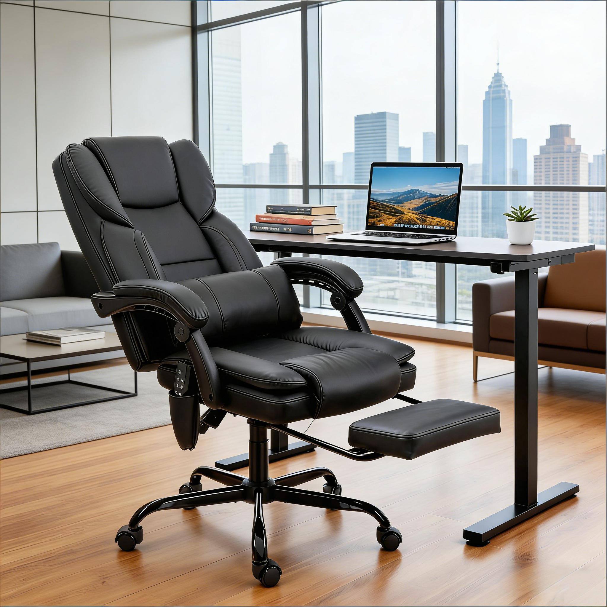 Alt View 1. Forest'nSky - Reclining Massage Office Chair - PU Leather Ergonomic Desk Chair with Lumbar Support, Black - Black.