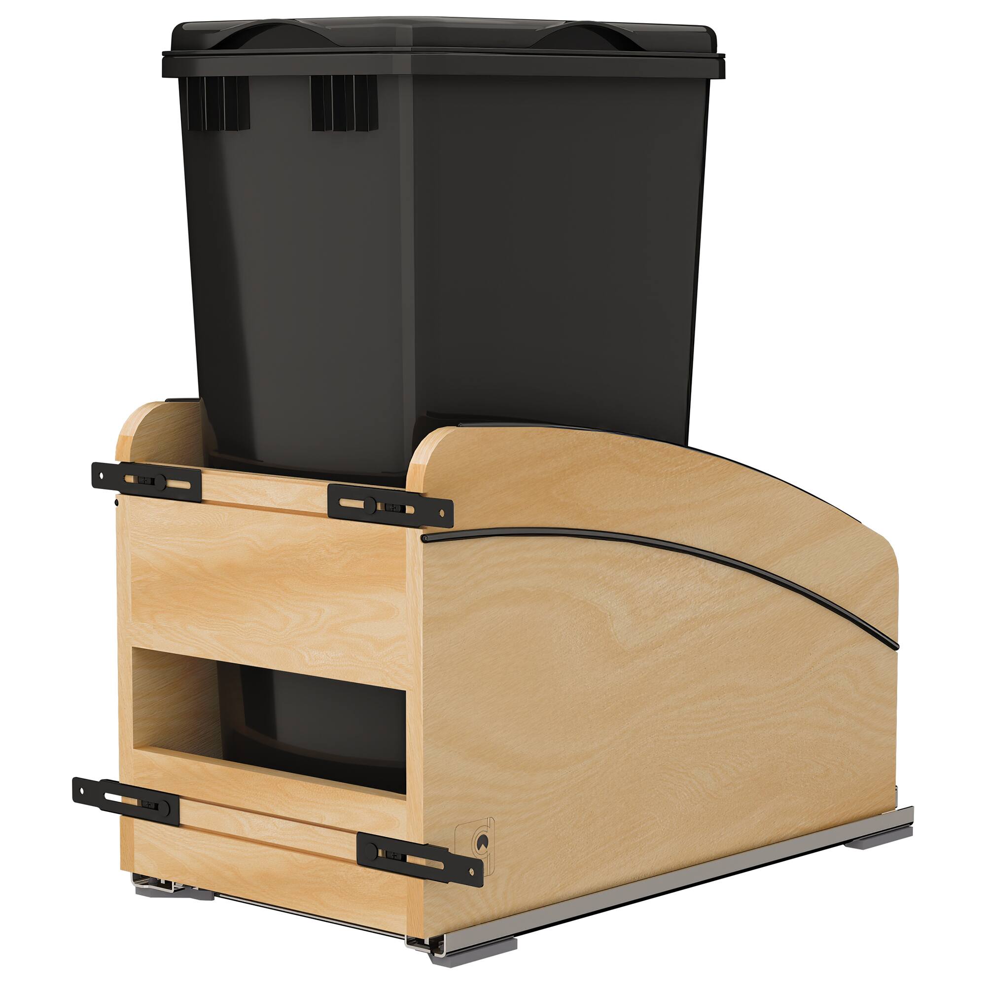 Front. Rev-A-Shelf - Rev-A-Shelf Maple Wood Pullout Waste Container, Soft-Close, 50 qt, Black - Light Brown.