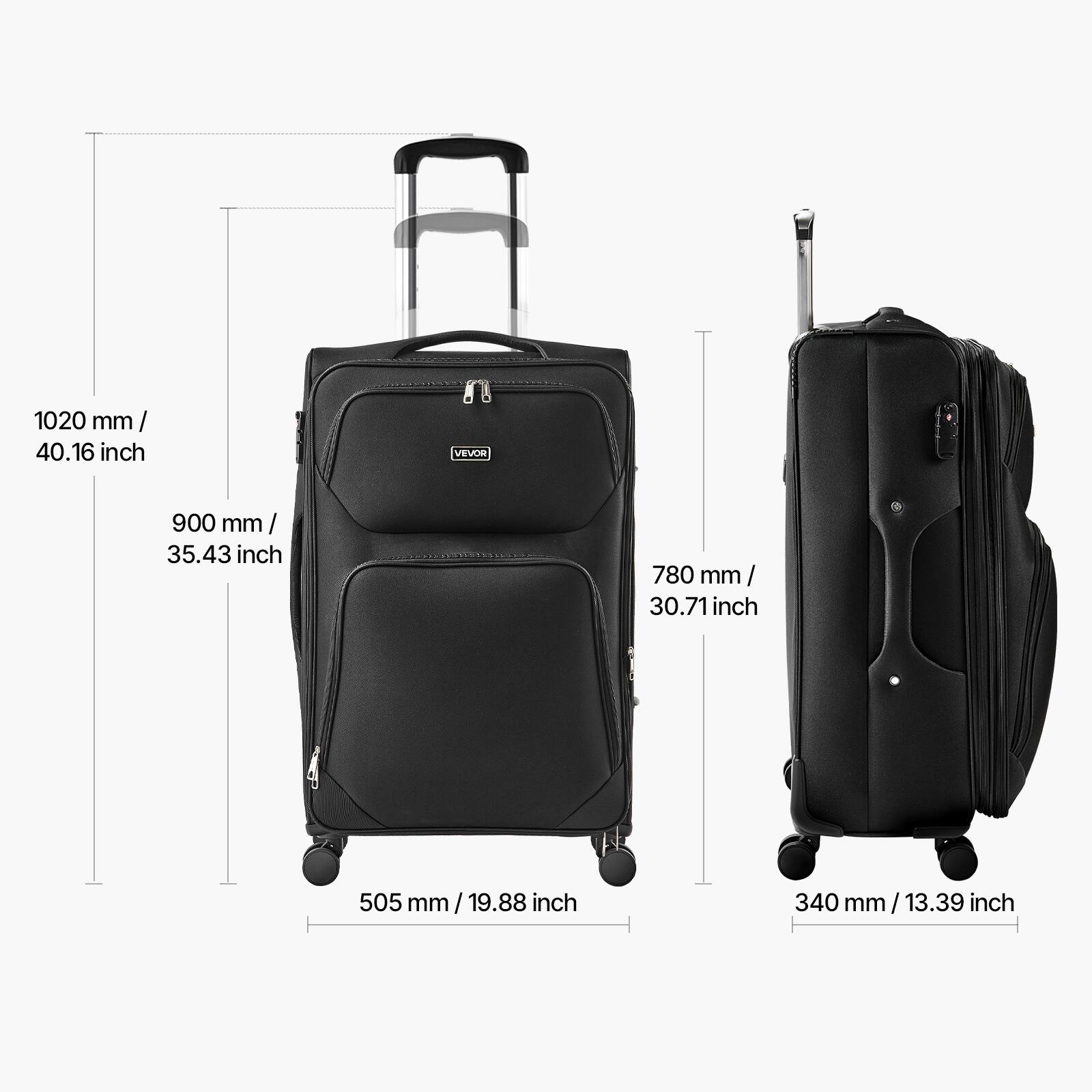 1020 mm / 40.16 inch  
900 mm / 35.43 inch  
780 mm / 30.71 inch  
505 mm / 19.88 inch  
340 mm / 13.39 inch