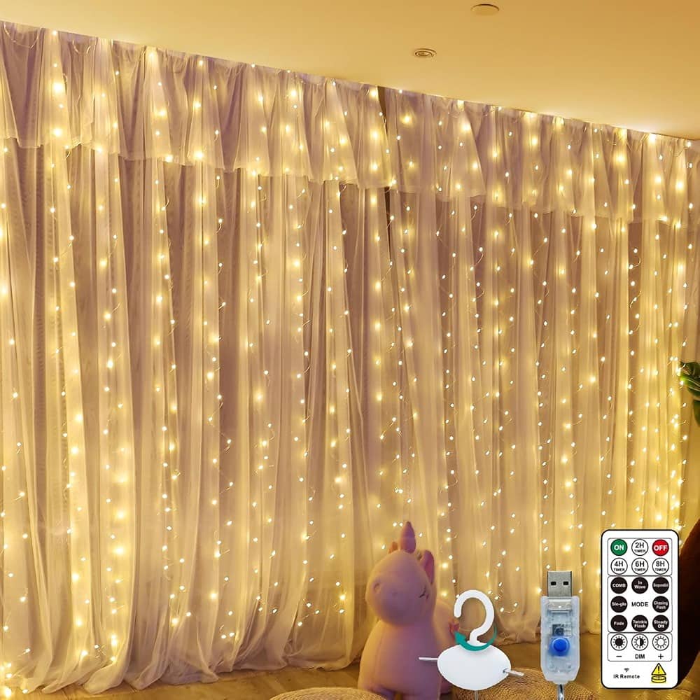 MOSZAR LLC - LED Curtain String Lights – 300 LEDs, 9.8×9.8 ft, White, Remote Control