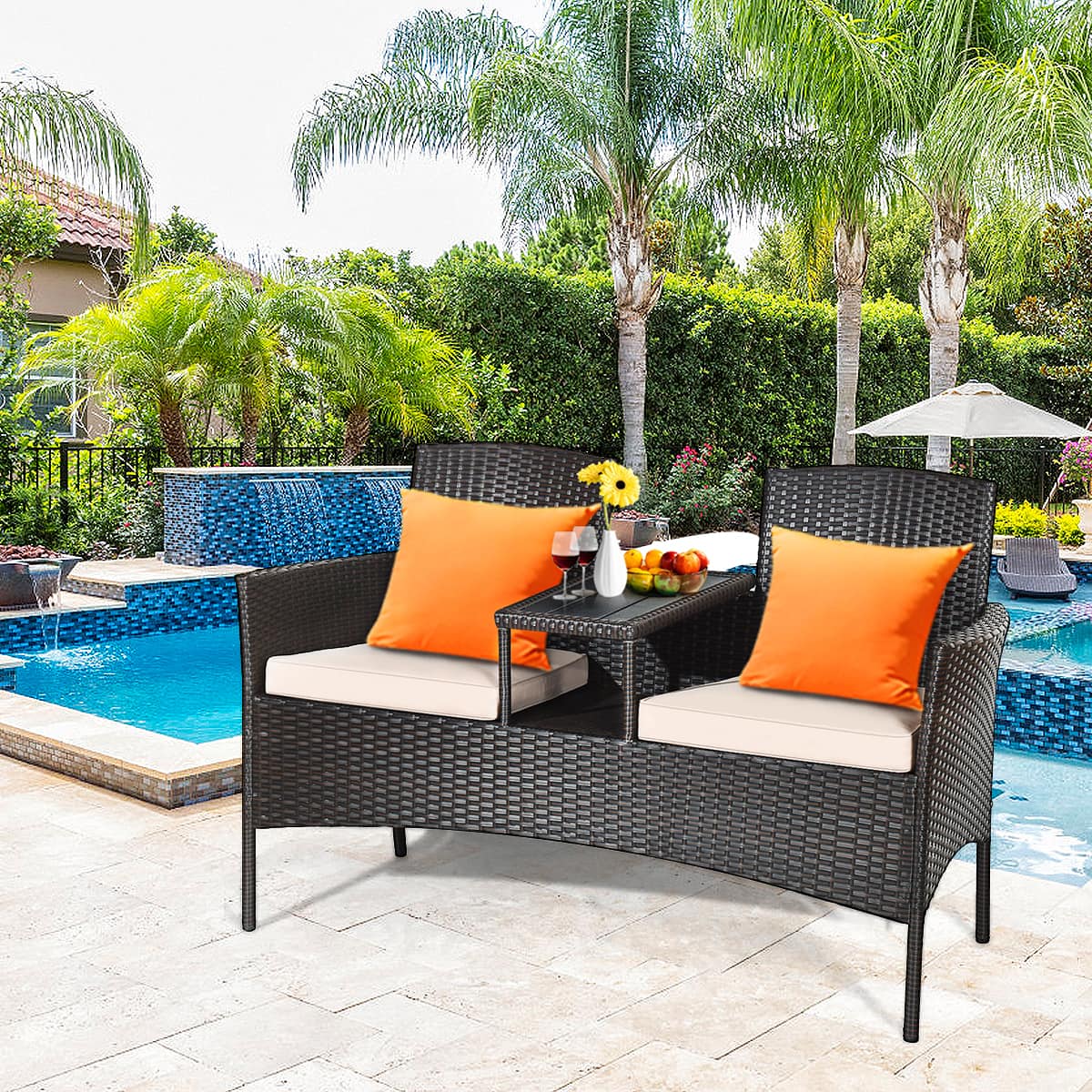 Gymax - Patented Cushioned Rattan Wicker Patio Conversation Set Loveseat Table - as pic