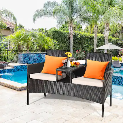 Front. Gymax - Gymax Patented Cushioned Rattan Wicker Patio Conversation Set w/ Loveseat Table Brown - Mix Brown.