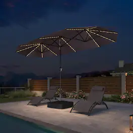 PURPLE LEAF - 13 ft. Patio Market Umbrella with Solar LED and Base Double-Sided Outdoor Table Sun Umbrellas for Pool Deck Backyard - Gray