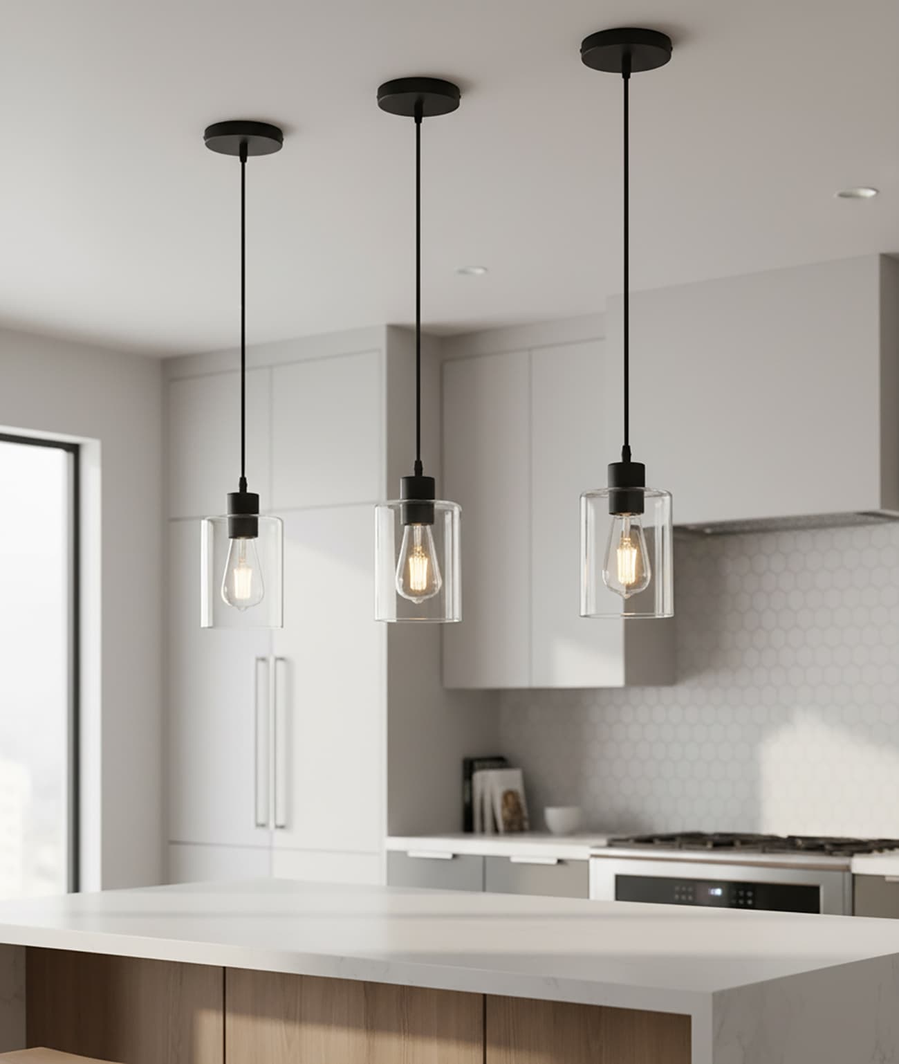 Alt View 4. FINEAK - Modern Black Farmhouse Clear Glass Cylinder Pendant Lights - 3 Pack, 4.75" Shade, 2×58" Cord - Black.