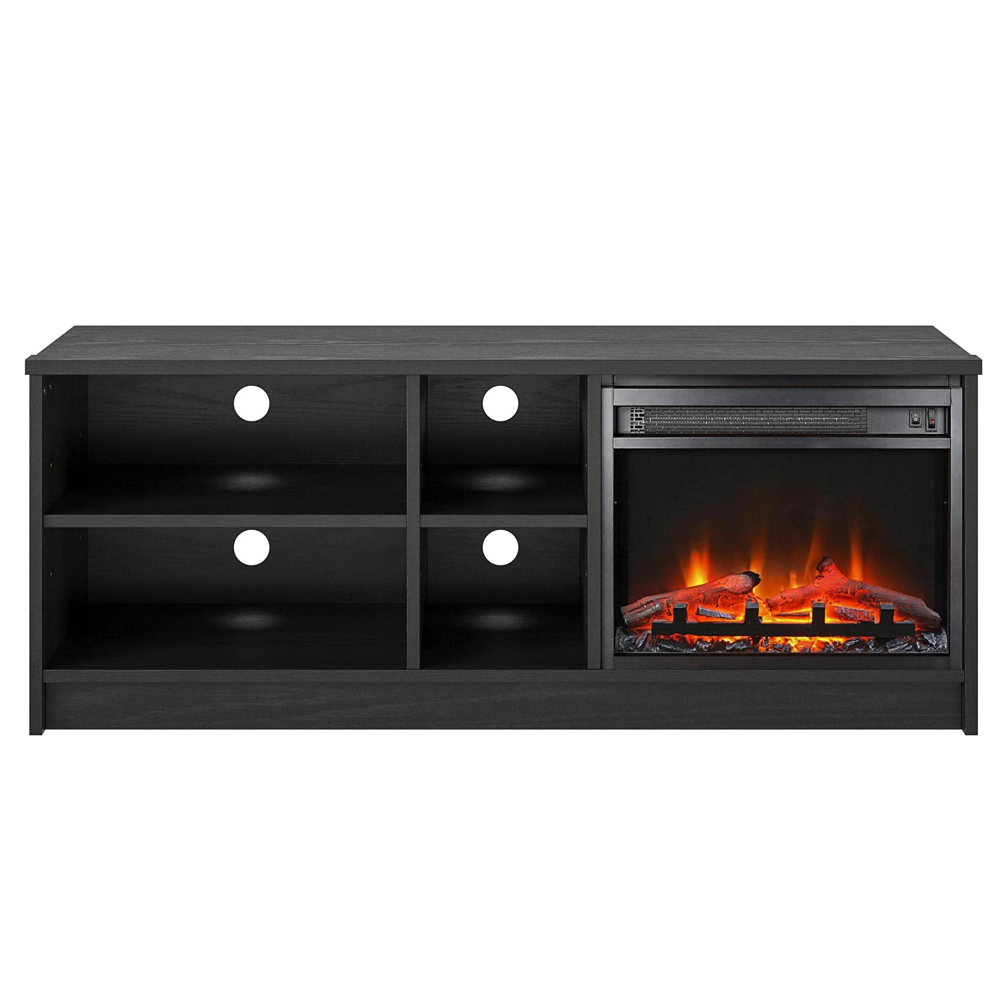 Front. Ameriwood Home - Noble Asymmetrical 55“ TV Stand w/Fireplace - Black Oak.