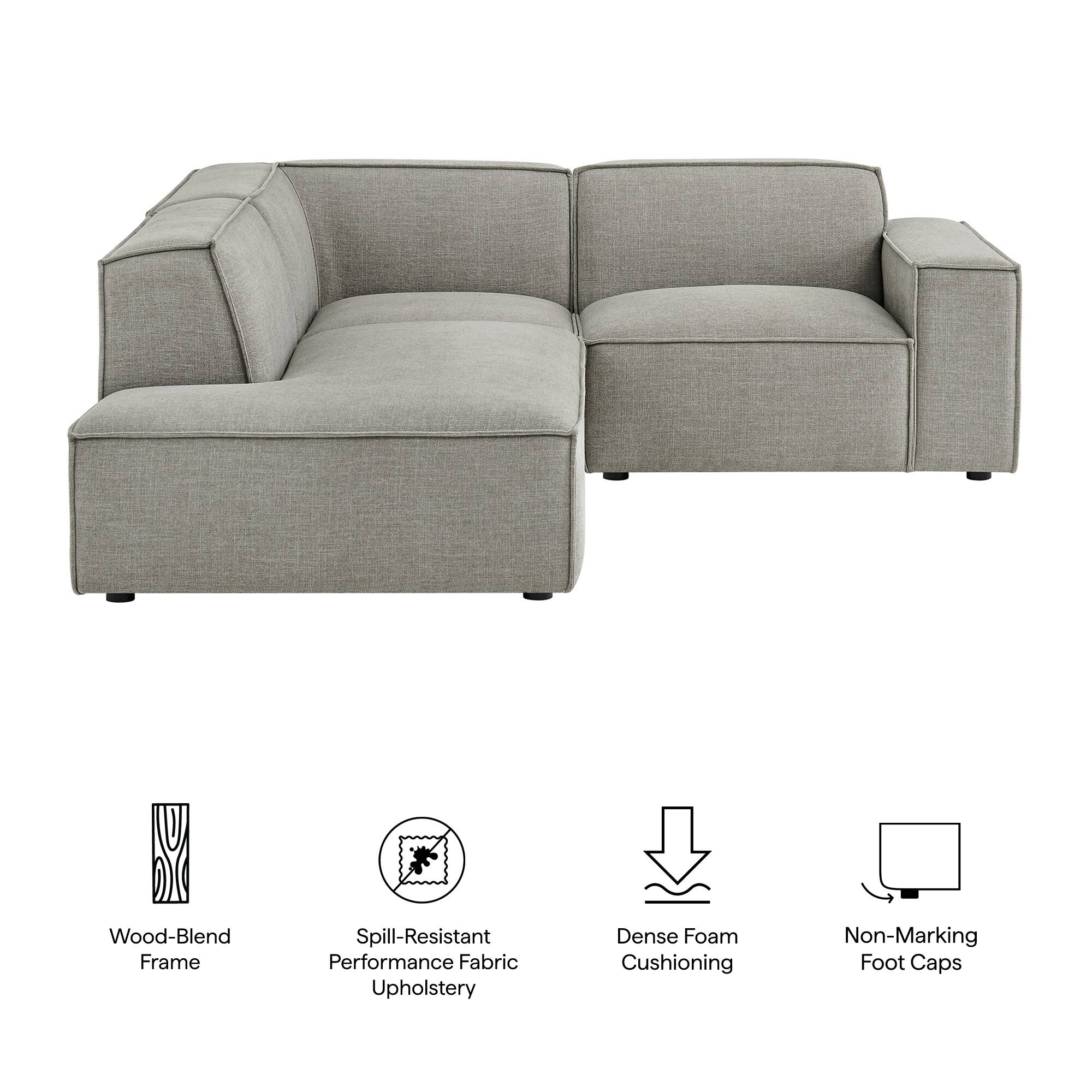 Wood-Blend Frame  
Spill-Resistant Performance Fabric Upholstery  
Dense Foam Cushioning  
Non-Marking Foot Caps