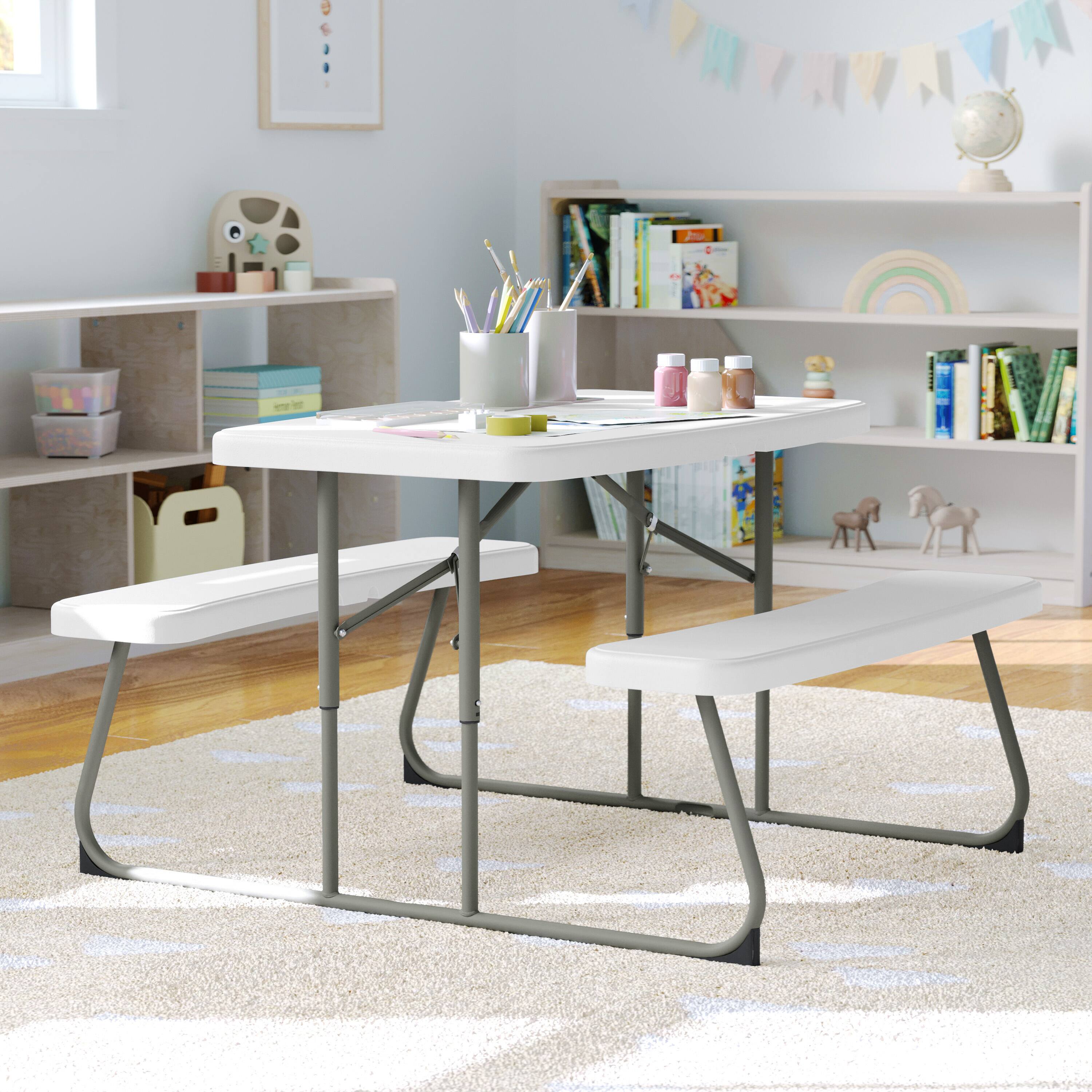 Alt View 2. Flash Furniture - Paige Easy-Fold White Folding Plastic Kids Outdoor Picnic Table and Benches - Commercial Grade - Seating for 4 Kids - White.