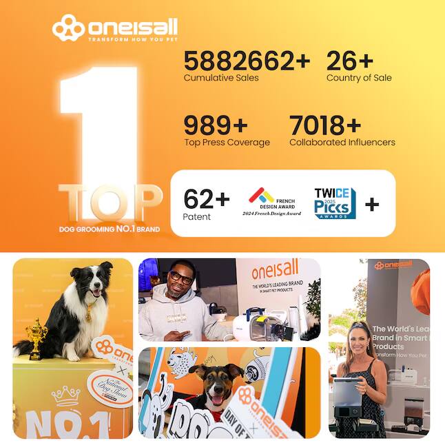 oneisall  
TRANSFORM HOW YOU PET  

5882662+  
Cumulative Sales  

26+  
Country of Sale  

989+  
Top Press Coverage  

7018+  
Collaborated Influencers  

62+  
Patent  

TWICE PICKS 2025  
2024 French Design Award  

DOG GROOMING NO.1 BRAND  

oneisall  
WORLD'S LEADING BRAND IN SMART PET PRODUCTS  

The World's Leading Brand in Smart Pet Products  
Transform How You Pet