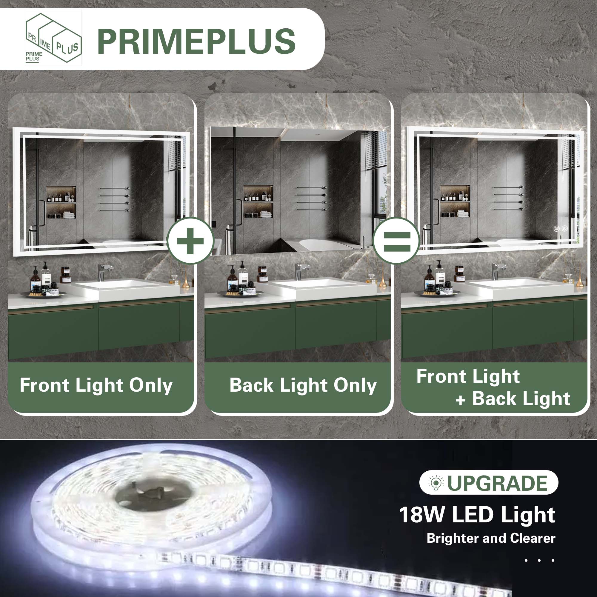 PRIMEPLUS

Front Light Only
Back Light Only
Front Light + Back Light

UPGRADE
18W LED Light
Brighter and Clearer