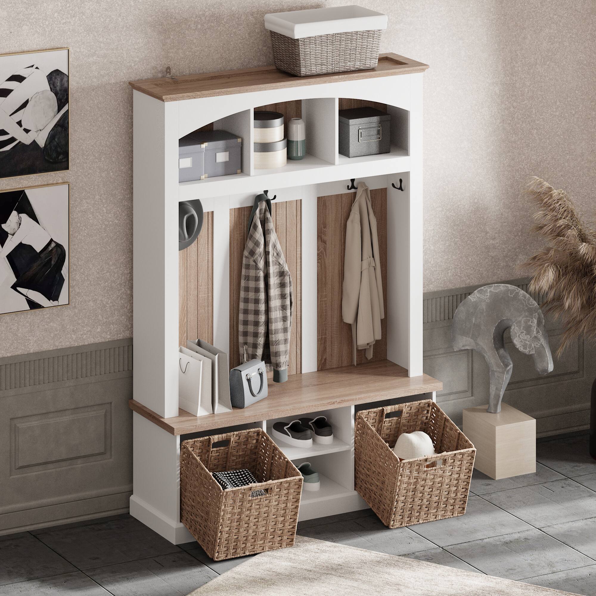 Angle. FUFU & GAGA - Hall Tree with Coat Rack Shoe Storage Bench and Natural Rattan Baskets for Entryway Organization - White & Wooden.