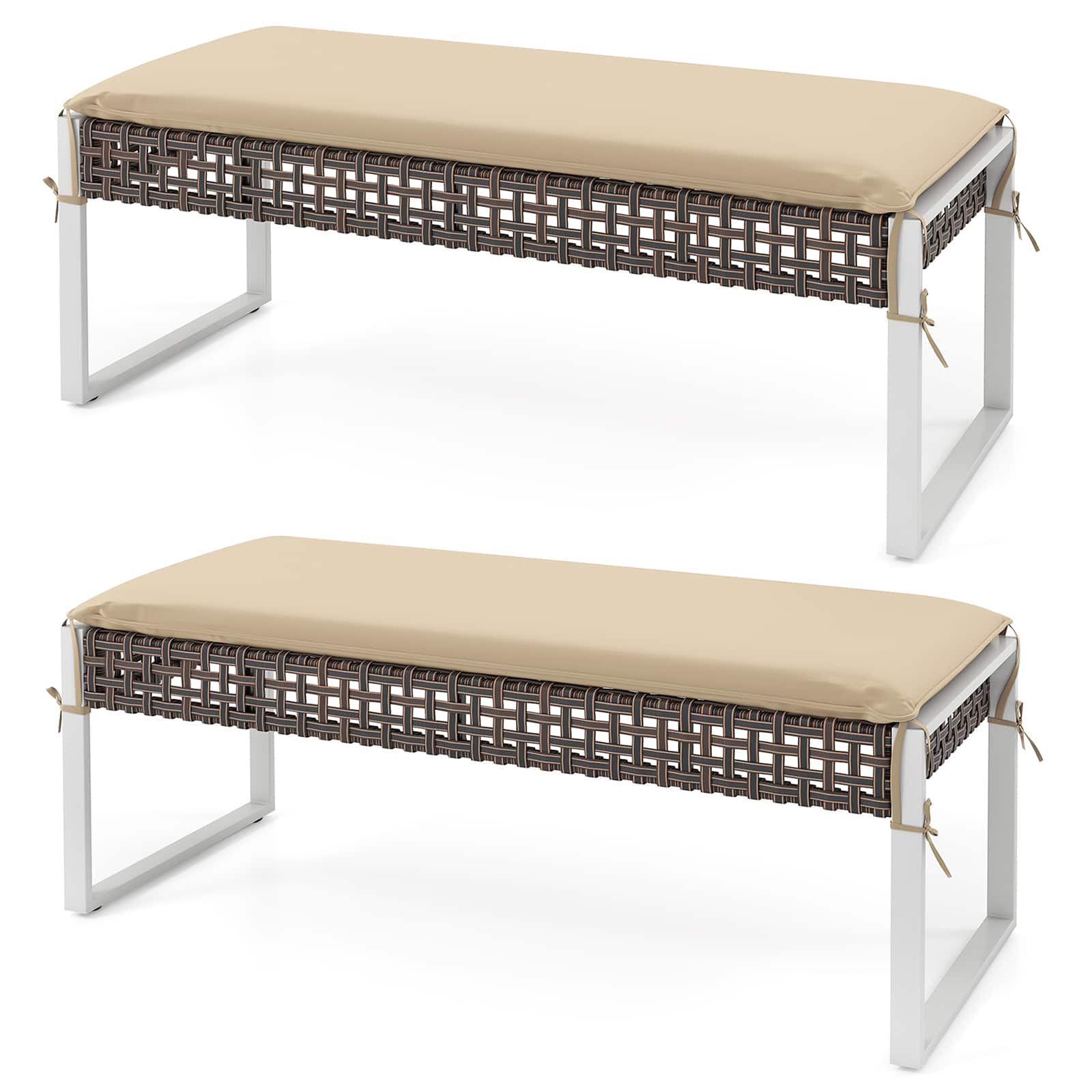 Gymax - 43 Inch Patio Rectangle Ottoman Pack of 2 w/ Metal Legs & Seat Cushion - Mix Brown, Beige