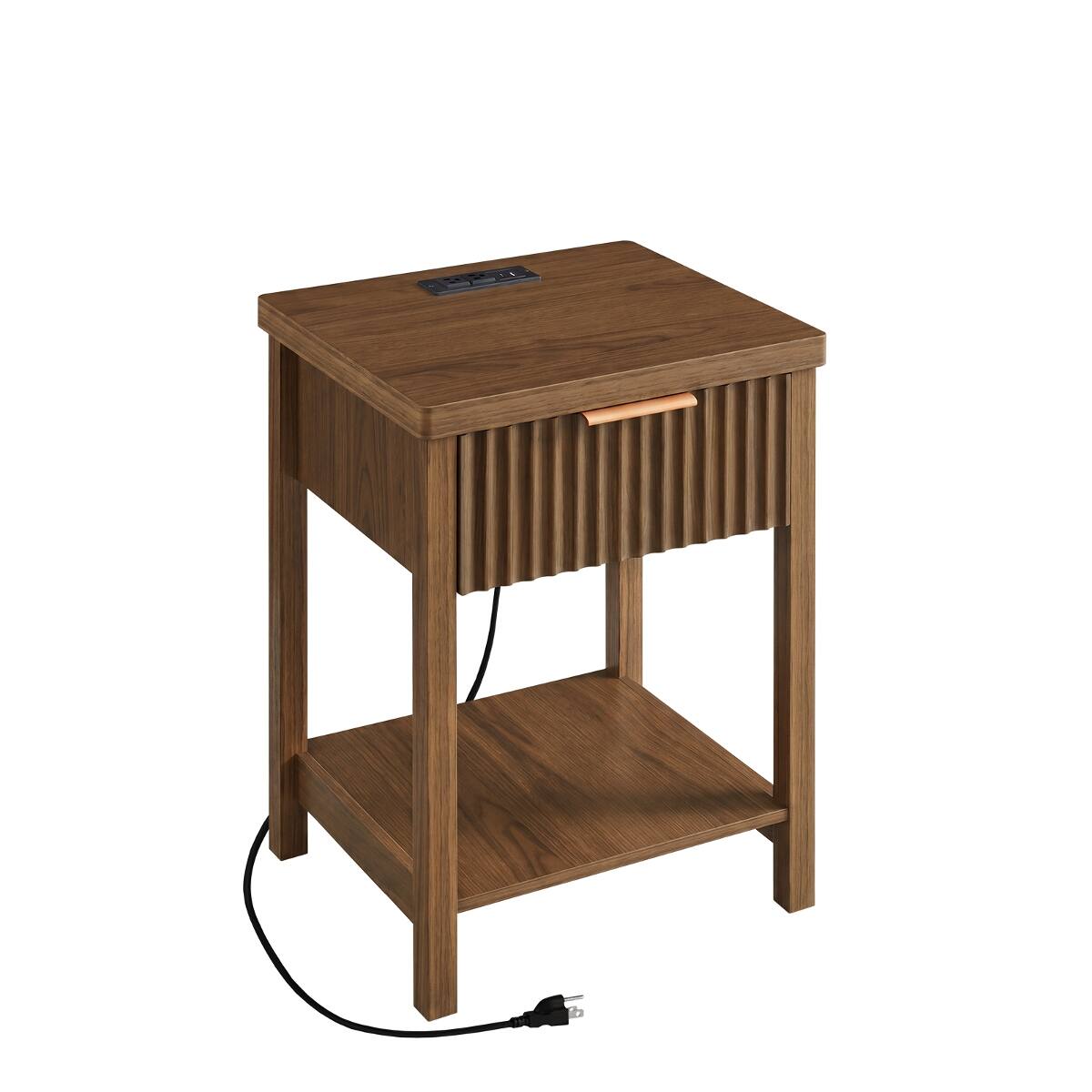 Alt View 7. Loheer - Loheer Fluted Wood Nightstand Set of 2, Walnut Bedside Tables with Charging Station - Walnut.