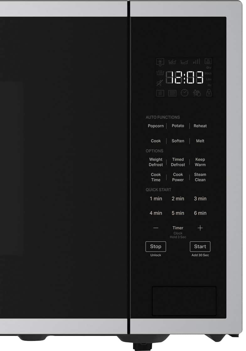 The image shows a digital display with various options for cooking and defrosting food. The display includes options for cooking popcorn, potatoes, and reheating food. There are also options for defrosting and keeping the food warm. The display also features a timer and clock, allowing users to set specific cooking times. Additionally, there are buttons for quick start, 1-minute, 2-minute, 3-minute, 4-minute, 5-minute, 6-minute, and 7-minute cooking times. The display also has a "hold 3 sec + stop" button, an "add 30 sec" button, and a "start" button.