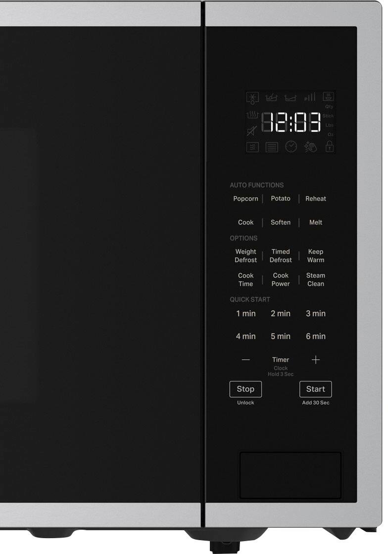 The image shows a digital display with various options for cooking and defrosting food. The display includes options for cooking popcorn, potatoes, and reheating food. There are also options for defrosting and keeping the food warm. The display also features a timer and clock, allowing users to set specific cooking times. Additionally, there are buttons for quick start, 1-minute, 2-minute, 3-minute, 4-minute, 5-minute, 6-minute, and 7-minute cooking times. The display also has a "hold 3 sec + stop" button, an "add 30 sec" button, and a "start" button.