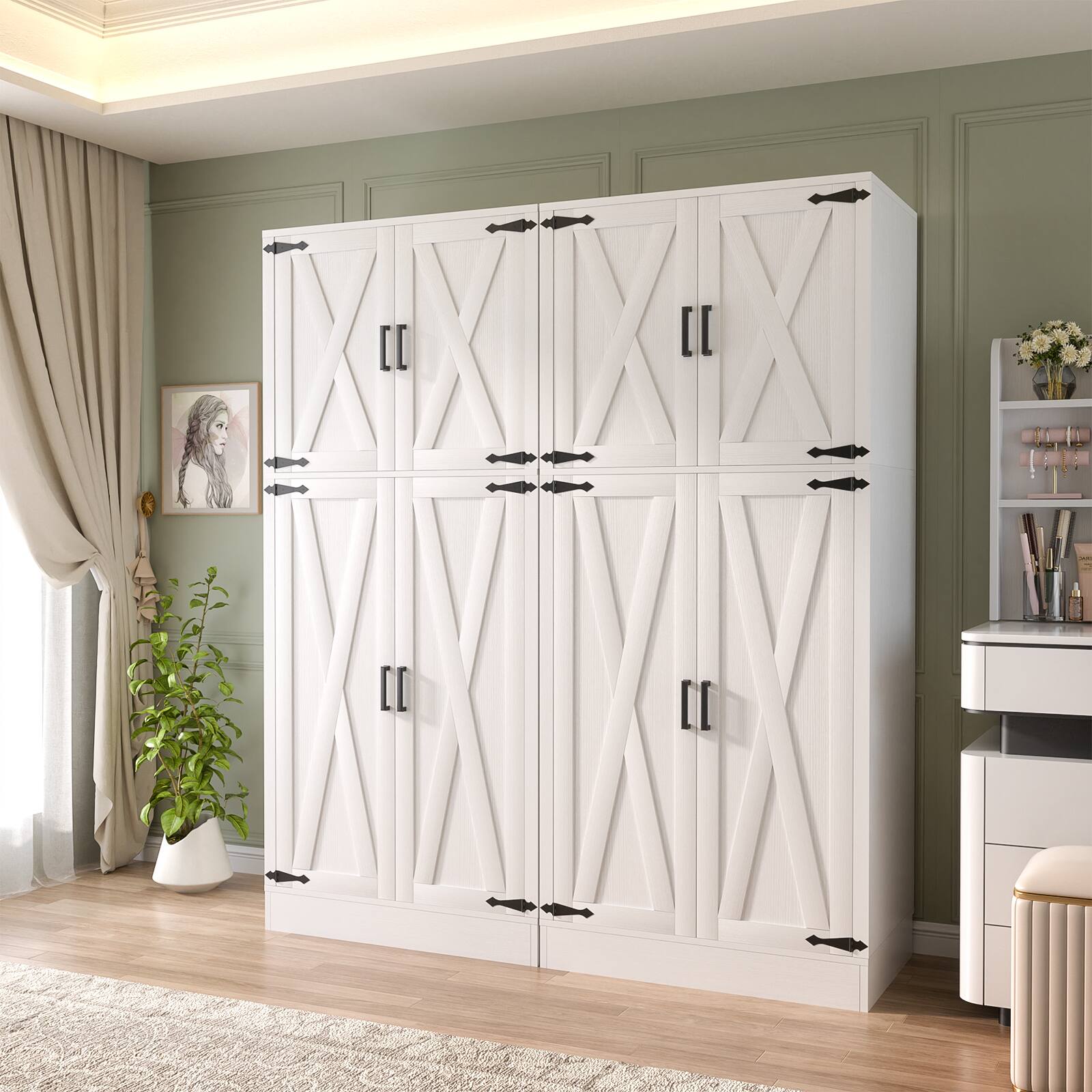 Front. Aheaplus - 71'' Farmhouse Wardrobe Armoire with Hanging Rod and Adjustable Shelves, Wood Finish, 2 Packs - White.