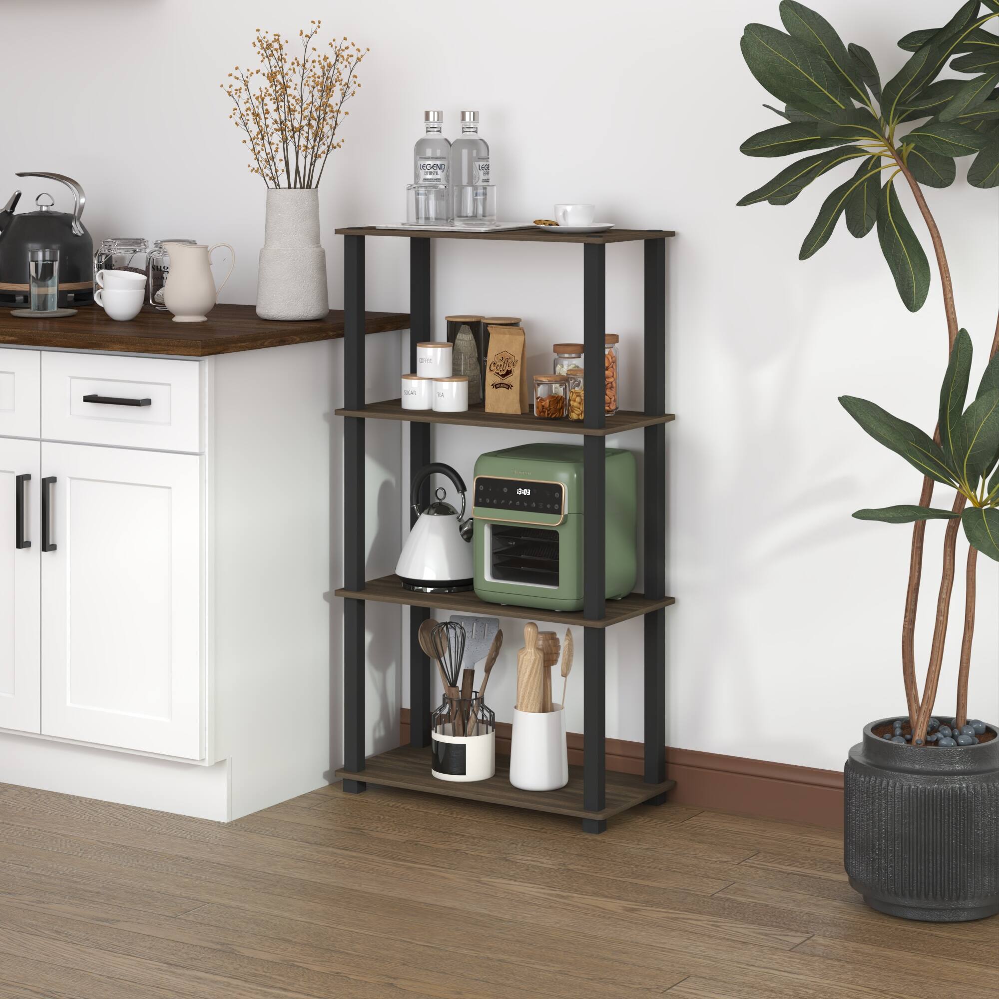 HOMLUX - 4-Tier 43.3" Corner Shelf Open Shelves for Display for Living Room and Office Organization Columbia Walnut - Columbia Walnut & Black