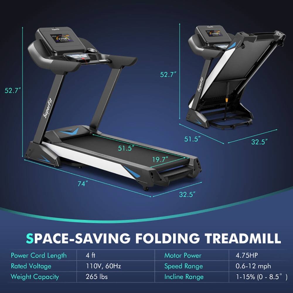 Z 52.7" 52.7" SuperFit 51.5" 19.7" 51.5" 32.5" 74" 32.5" SPACE-SAVING FOLDING TREADMILL  
Power Cord Length: 4 ft  
Motor Power: 4.75HP  
Rated Voltage: 110V, 60Hz  
Speed Range: 0.6-12 mph  
Weight Capacity: 265 lbs  
Incline Range: 1-15% (0-8.5°)