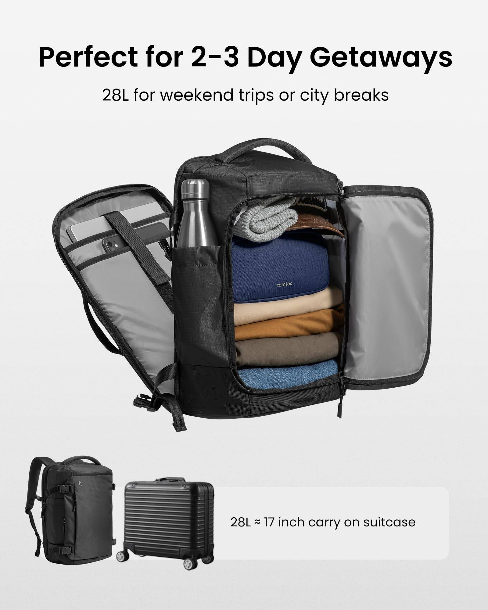 Perfect for 2-3 Day Getaways  
28L for weekend trips or city breaks  

28L ~ 17 inch carry on suitcase