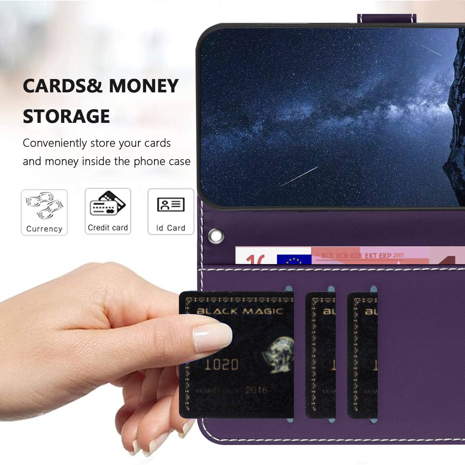 CARDS & MONEY STORAGE  
Conveniently store your cards and money inside the phone case  
Currency Credit card Id Card  

CB EZB EKT EKP 2001  
BLACK MAGIC  
1020  
MhEMES 2016