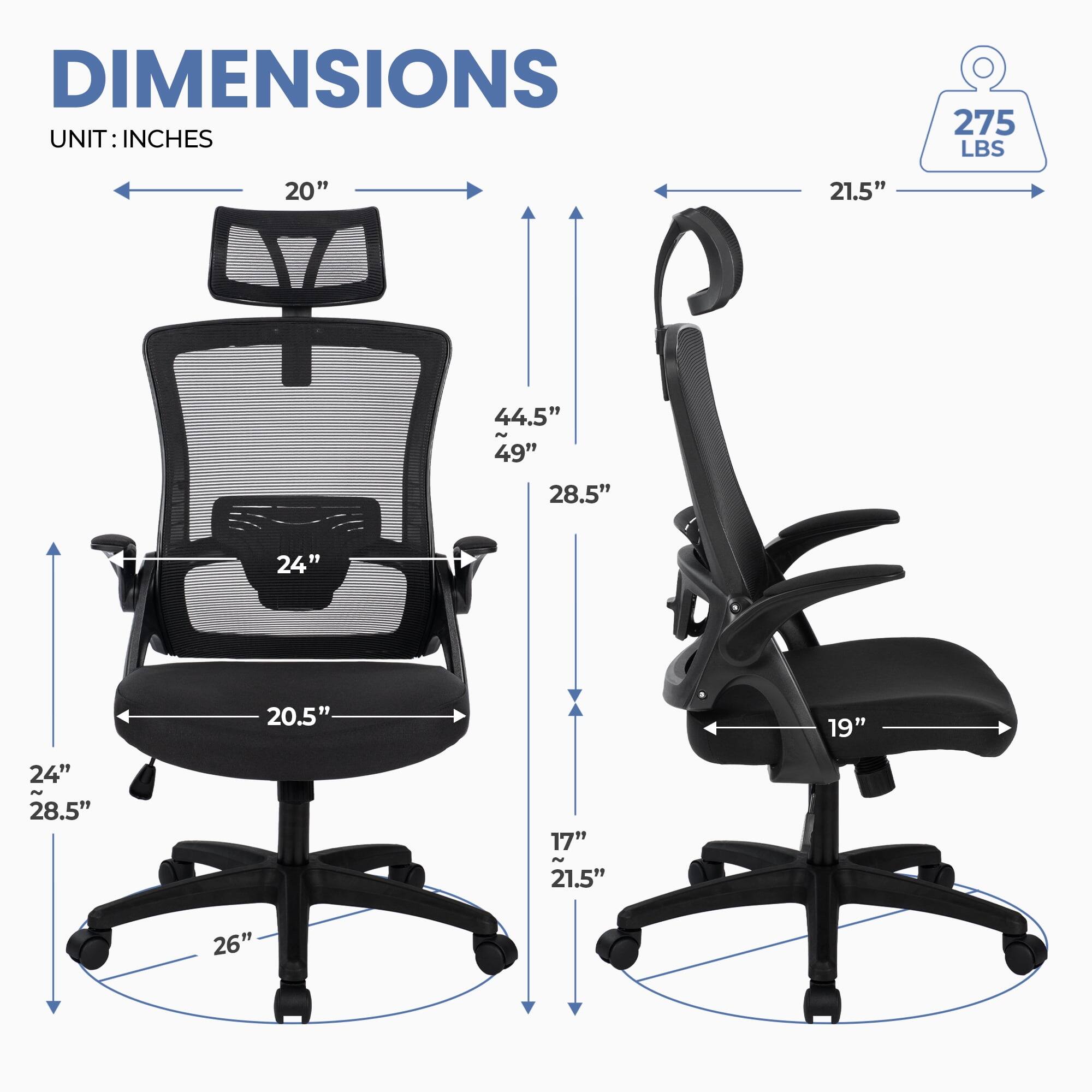 DIMENSIONS  
UNIT: INCHES  

- Width: 20"  
- Height: 44.5" ~ 49"  
- Depth: 28.5"  
- Seat Height: 24" ~ 28.5"  
- Seat Depth: 20.5"  
- Armrest Height: 21.5"  
- Back Height: 275 LBS  
- Base Width: 26"  
- Seat Width: 19"  
- Minimum Height: 17" ~ 21.5"