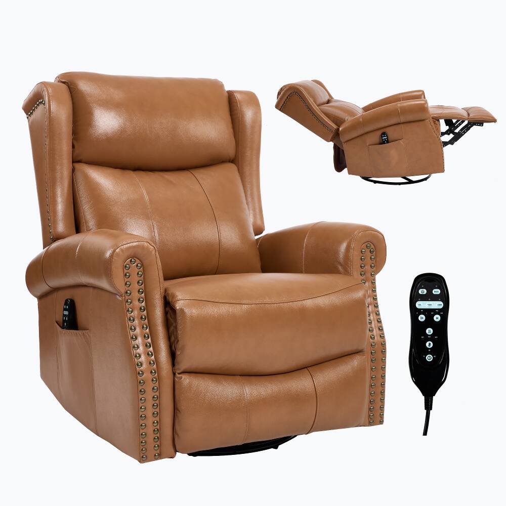 Alt View 2. Ropilly - Ropilly yellow genuine leather recliner, swivel rocker massage chair with lumbar heat - Yellow.