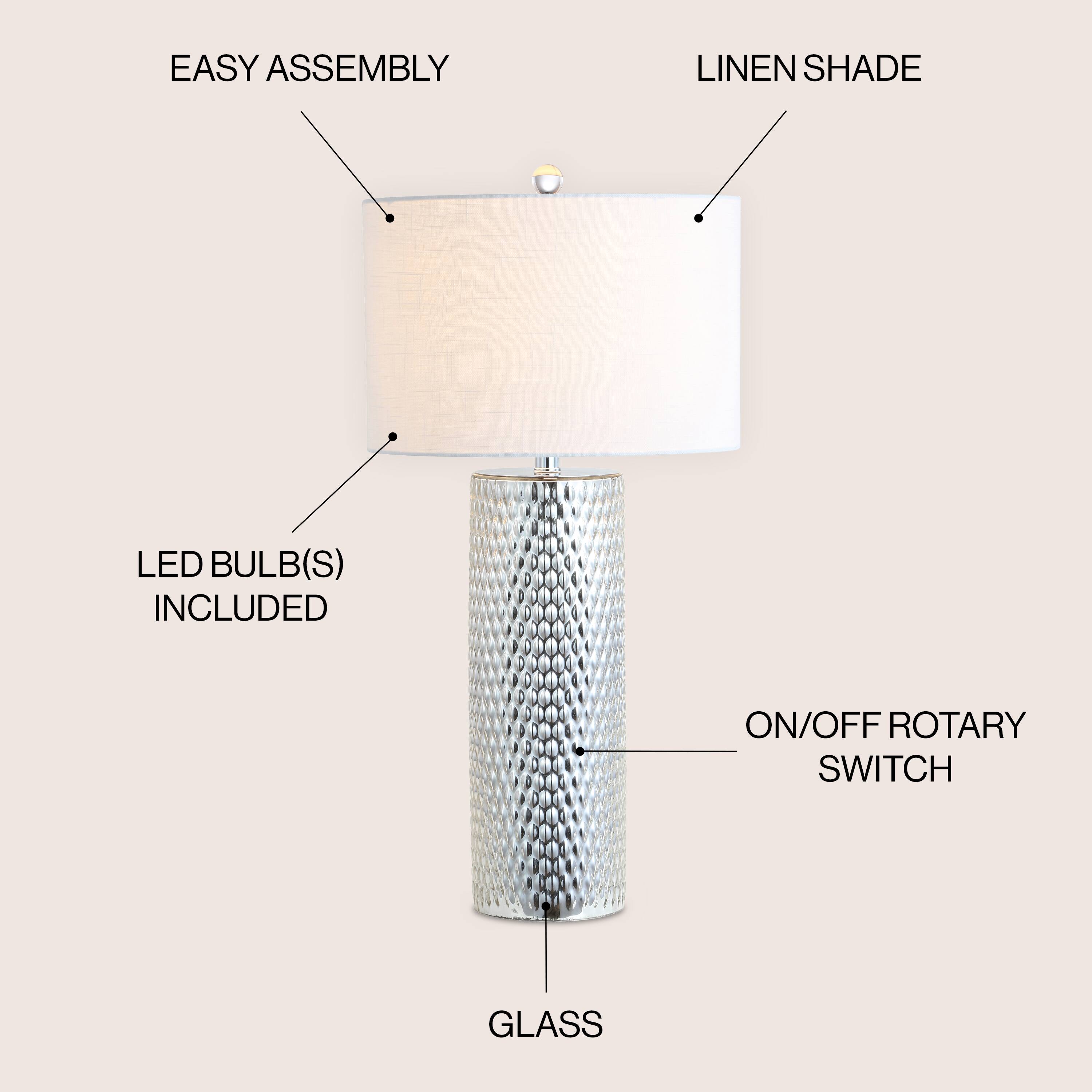 - EASY ASSEMBLY
- LINEN SHADE
- LED BULB(S) INCLUDED
- ON/OFF ROTARY SWITCH
- GLASS