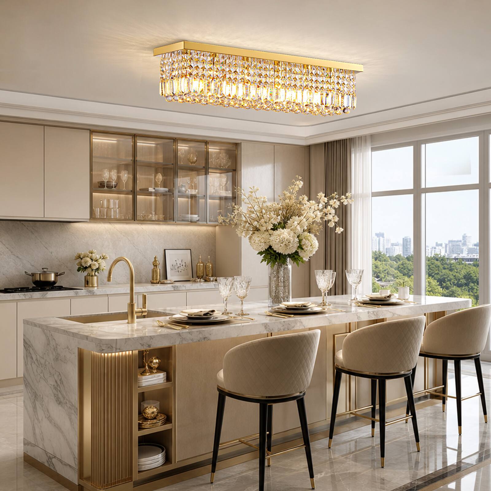 Alt View 2. Siljoy - 31.5" 6-Light Gold Linear K9 Crystal Chandelier, Flush Mount Dimmable E12 Ceiling Light for Dining Kitchen Living Room - Gold.