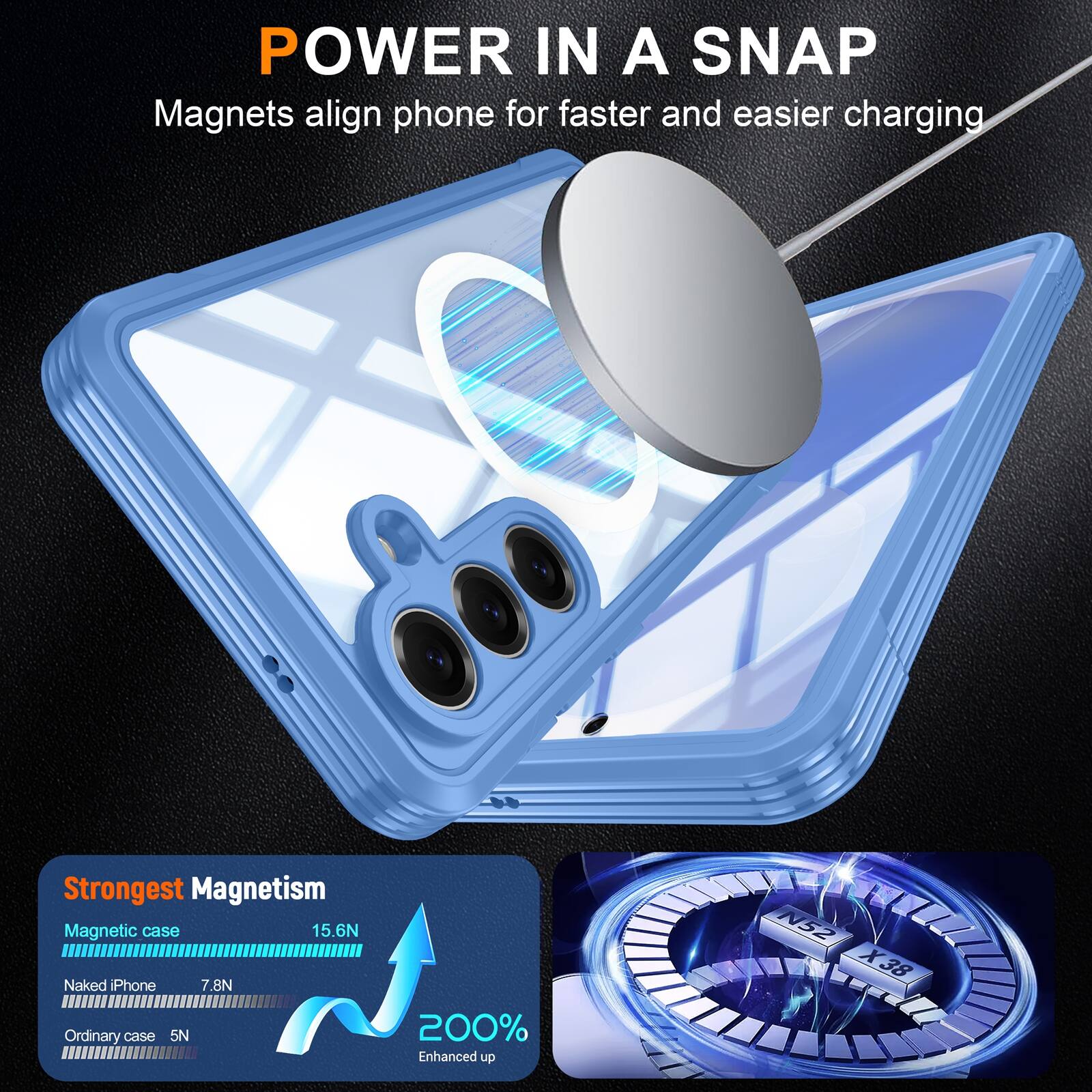 POWER IN A SNAP  
Magnets align phone for faster and easier charging  

Strongest Magnetism  
Magnetic case 15.6N  
Naked iPhone 7.8N  
Ordinary case 5N  

200% Enhanced up  
N52 X38