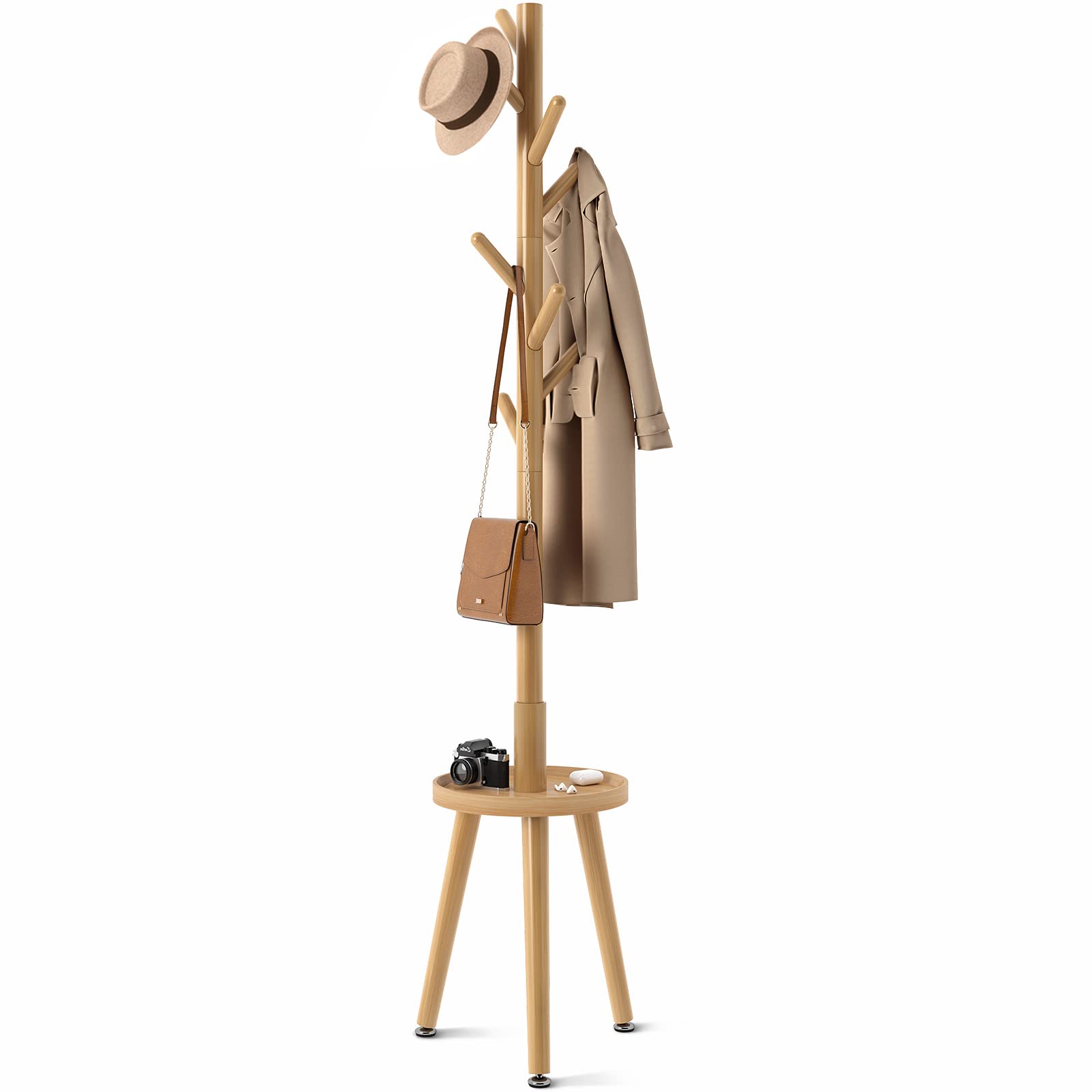 Front. HM 1810 - Coat Rack With Wooden Freestanding Shelf Tree 4 Height Options 50 5 -72 6 Hanger Stand For Bags Clothes Hats... - Natural.