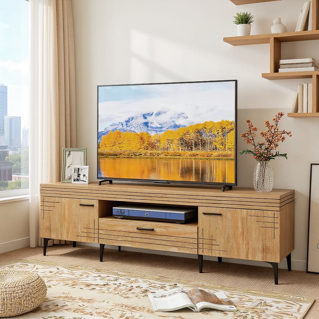 Kadyn - Entertainment TV Stand,Entertainment CenterTV Stand with 2 Cabinets and Storage Drawer for 65 Inches TVs-Oak - Brown