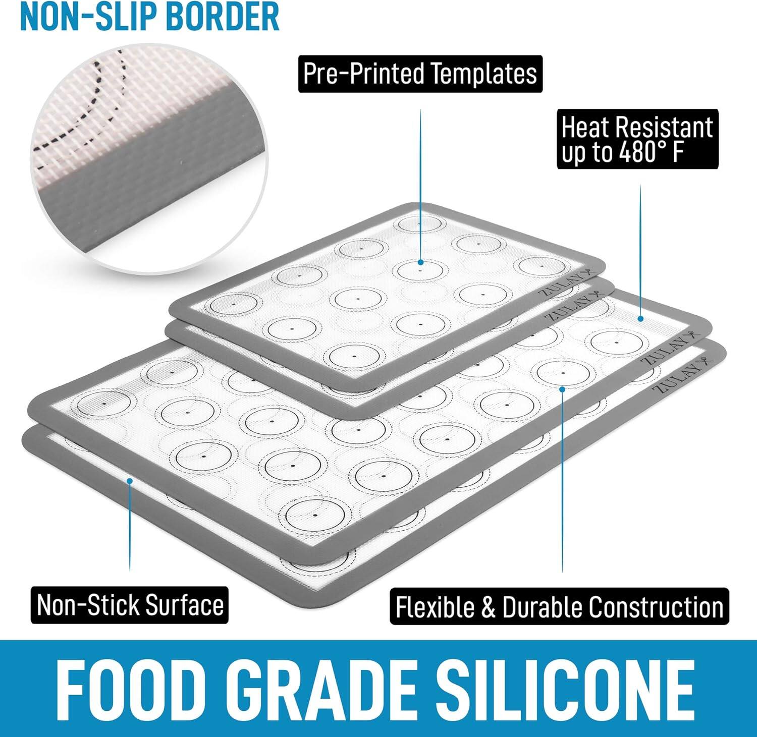 NON-SLIP BORDER

Pre-Printed Templates

Heat Resistant up to 480° F

Non-Stick Surface

Flexible & Durable Construction

FOOD GRADE SILICONE