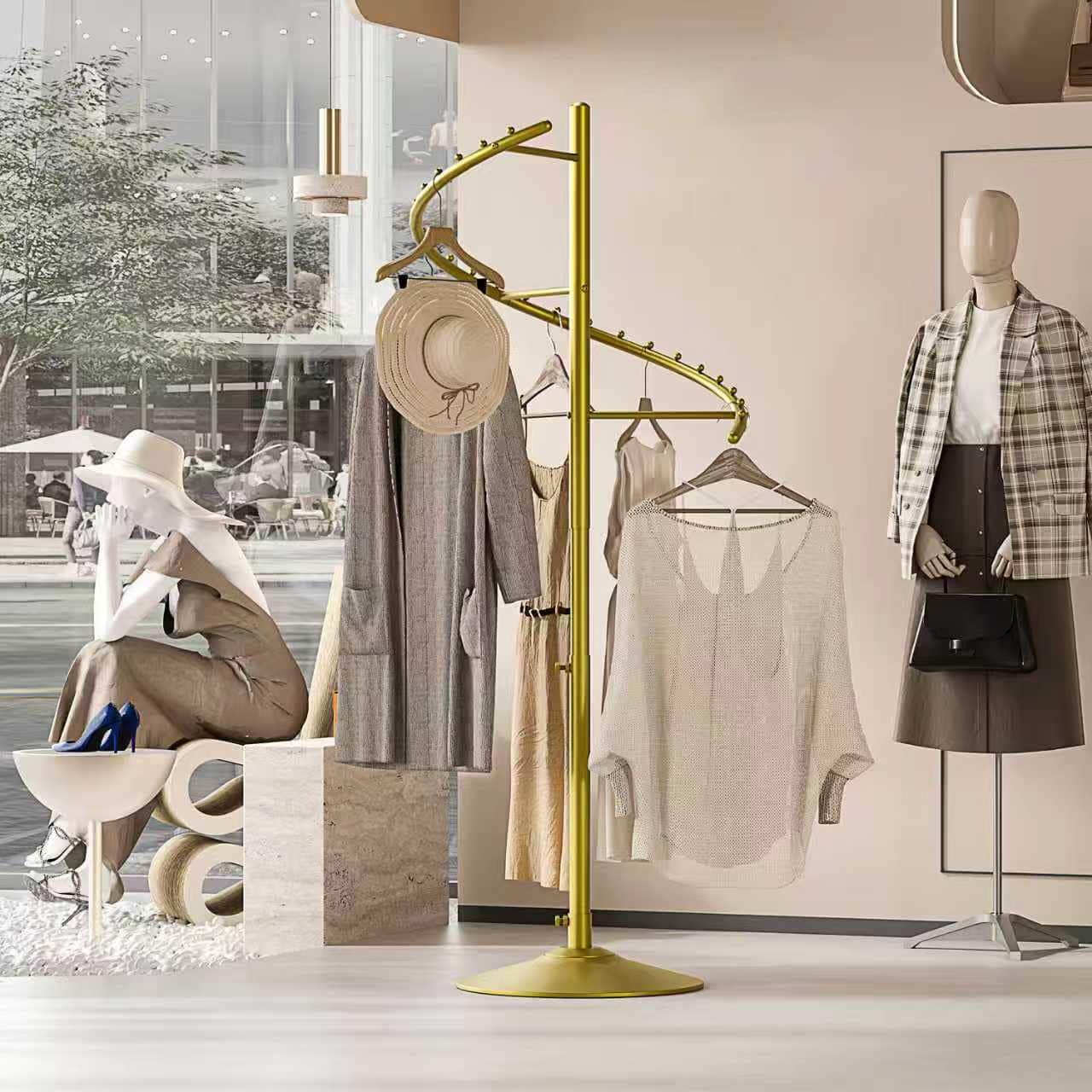 Hirose Alice - Freestanding Rotating Clothing Rack Adjustable Heavy Duty Metal Spiral Garment Display Rack Modern Coat Sta - Nano Gold