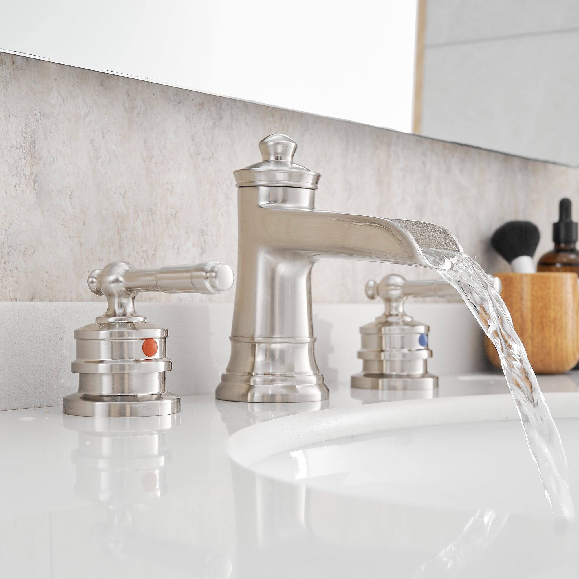 Back. Boyel Living - Classic 8 Inch Widespread Double Handle Brass Bathroom Faucet with Pop Up Drain and Water Supply Hoses in Brushed Nickel - Brushed Nickel.