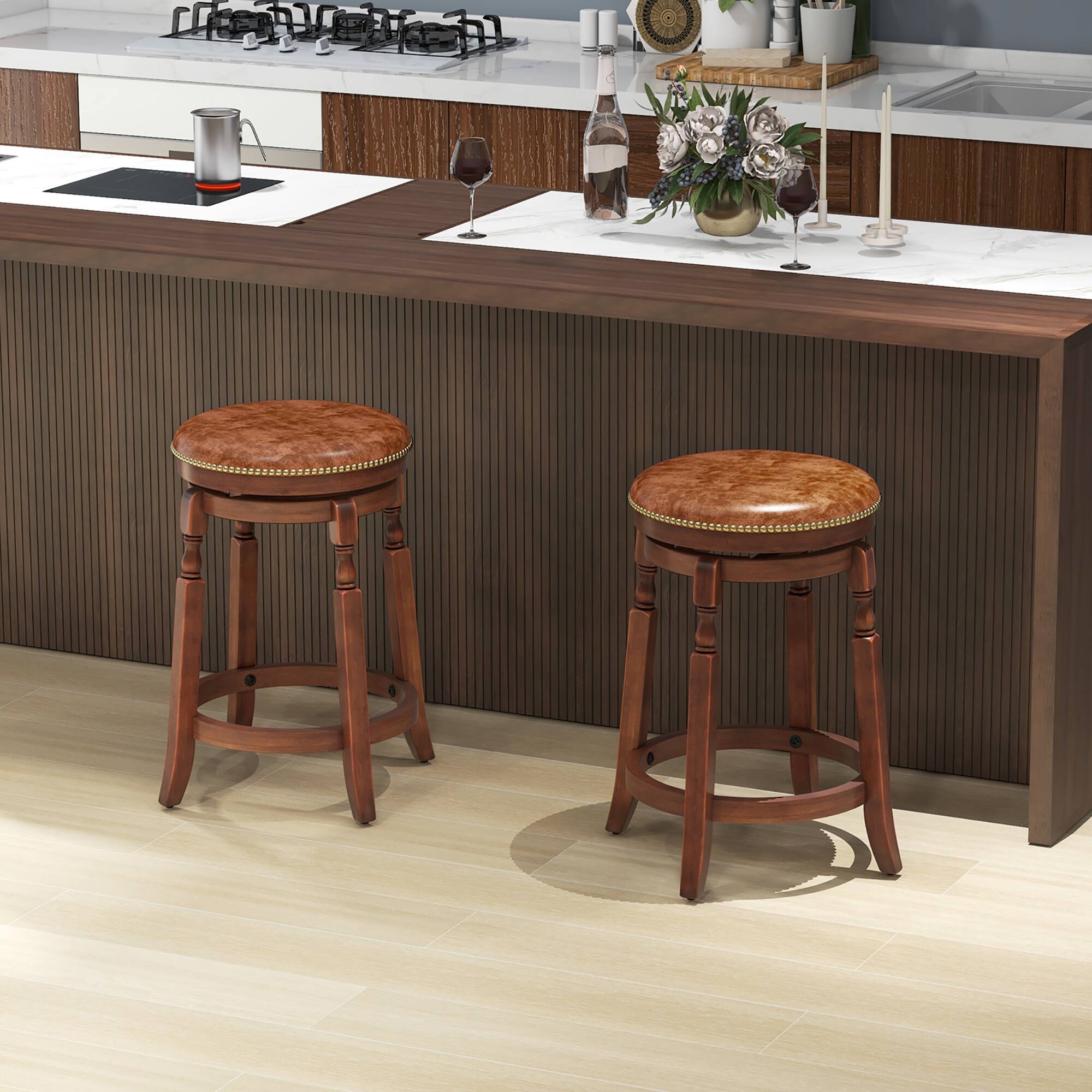Alt View 3. Gymax - Gymax Counter Height Bar Stool Set of 4 24Inch Swivel Stool Solid Wood Frame Kitchen Stools - Walnut, Brown.