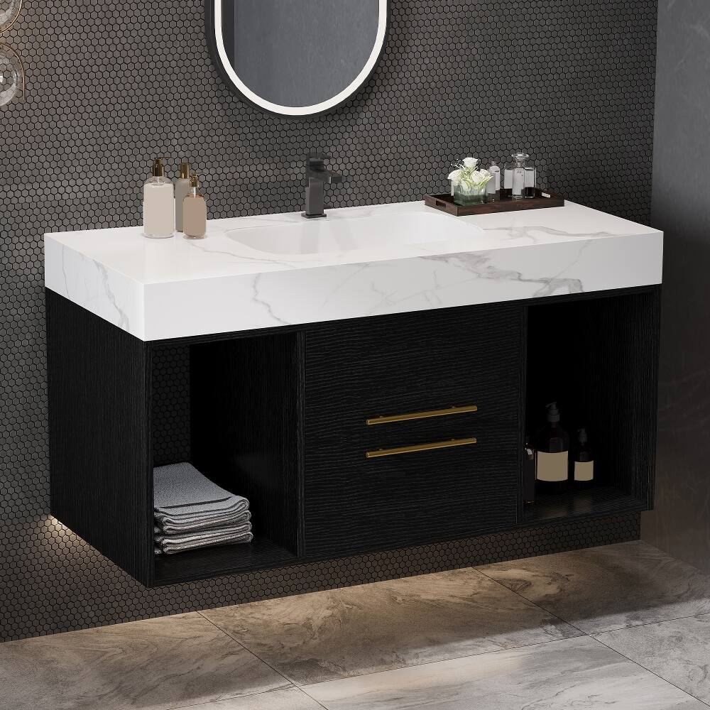 Back. Loheer - Loheer 39.4 inch floating bathroom vanity Wall Mounted Cabinet with Ceramic Sink Sintered Stone Top - White/Black.