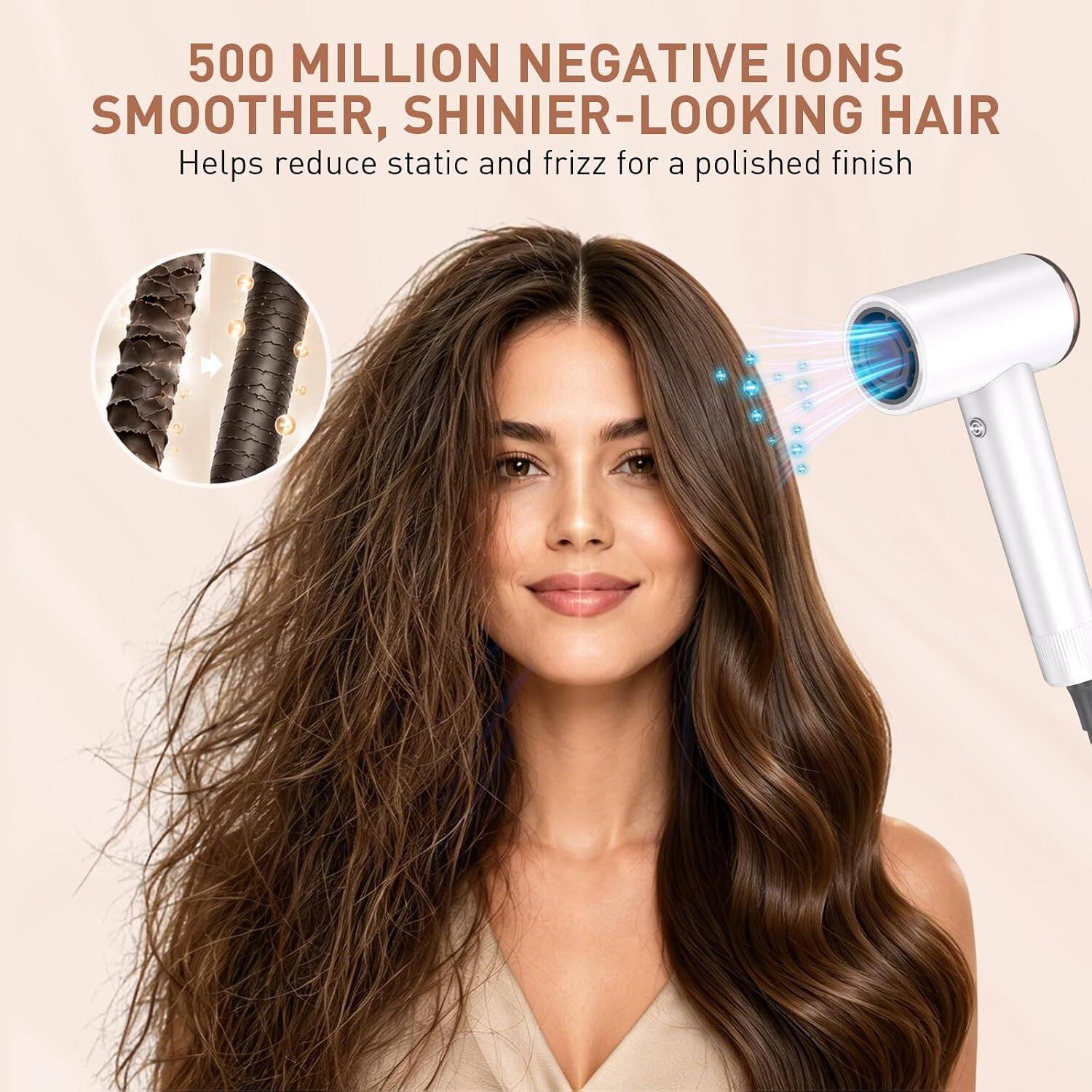 500 MILLION NEGATIVE IONS  
SMOOTHER, SHINIER-LOOKING HAIR  
Helps reduce static and frizz for a polished finish