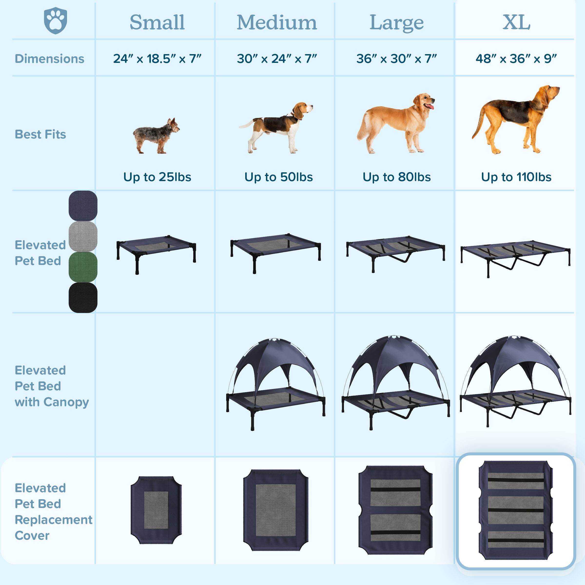 Small  
Dimensions: 24" x 18.5" x 7"  
Best Fits: Up to 25lbs  

Medium  
Dimensions: 30" x 24" x 7"  
Best Fits: Up to 50lbs  

Large  
Dimensions: 36" x 30" x 7"  
Best Fits: Up to 80lbs  

XL  
Dimensions: 48" x 36" x 9"  
Best Fits: Up to 110lbs  

Elevated Pet Bed  
Elevated Pet Bed with Canopy  
Elevated Pet Bed Replacement Cover