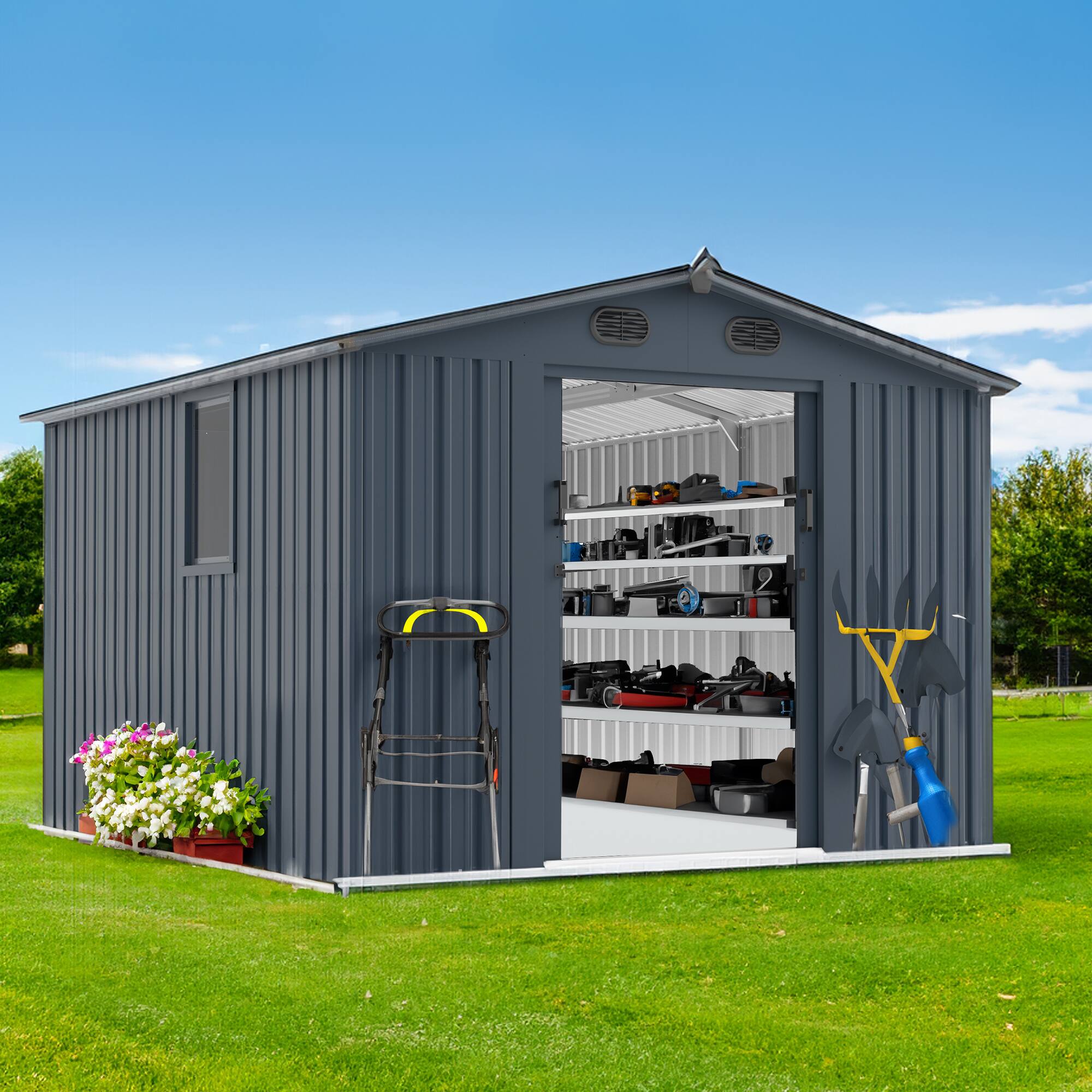 Front. APRILSOUL - Extra Large Galvanized Metal Shed Waterproof UV Resistant Lockable Vented Storage - Dark Gray.