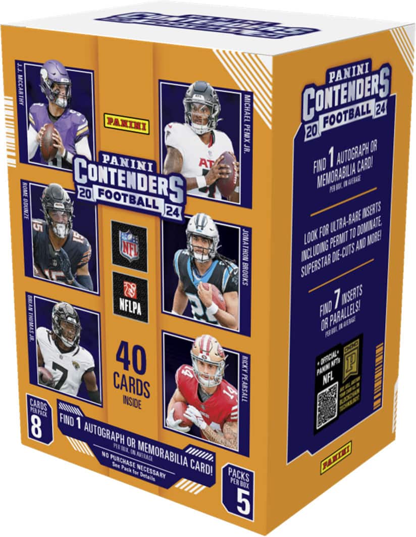 Panini Contenders Football 24 Box Set - Find 1 Auto or Memorabilia Card!
This box set contains 24 packs, each with 8 cards per pack. Inside each pack, you have the chance to find 1 autograph or memorabilia card. The set includes 40 cards featuring NFL players, with some of them being die-cuts or having other unique features. Additionally, there are inserts and parallels that add to the excitement of the set.
The box set also comes with a Panini Contenders Football 24 pack, which includes 24 cards and 1 autograph or memorabilia card. This set is perfect for collectors looking to add some valuable cards to their collection.
