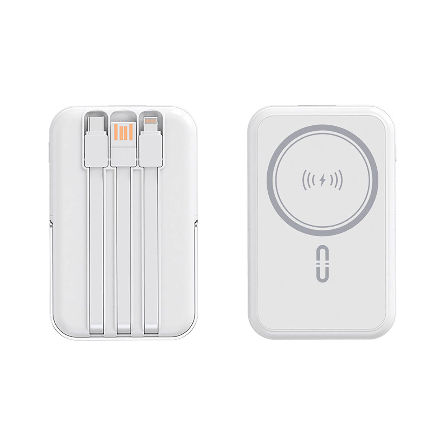 Back. Alpha Digital - 10,000mAh Magnetic Wireless Charge Power Bank with metal stand + built-in cables - White.