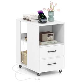 Gymax - End Table w/Built-in Charging Station USB Ports & Outlets 2 Drawers & 3 Shelves - White