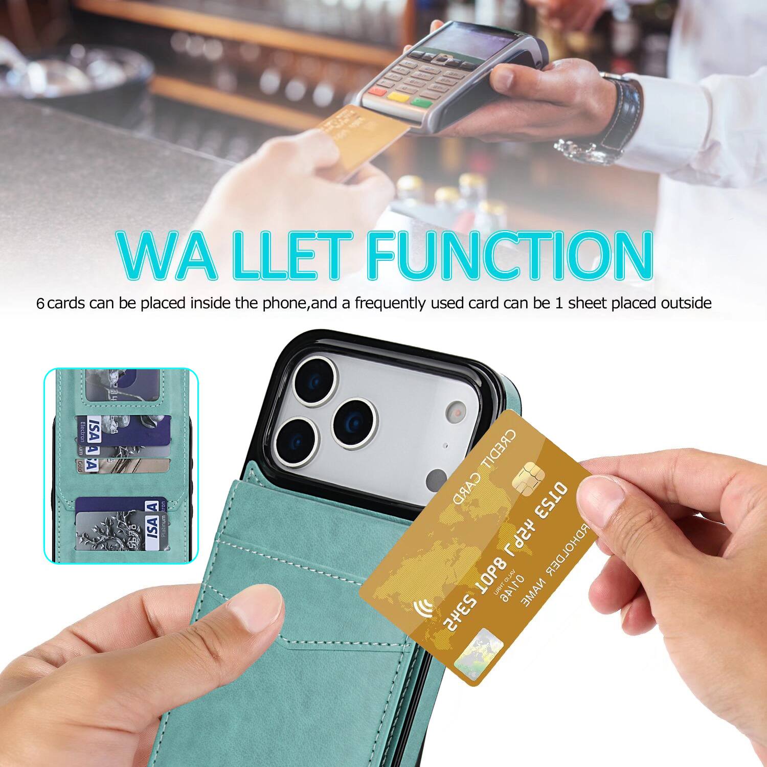WA LLET FUNCTION  
6 cards can be placed inside the phone, and a frequently used card can be 1 sheet placed outside

ISA  
CREDIT CARD  
HOLDER  
NAME  
2345