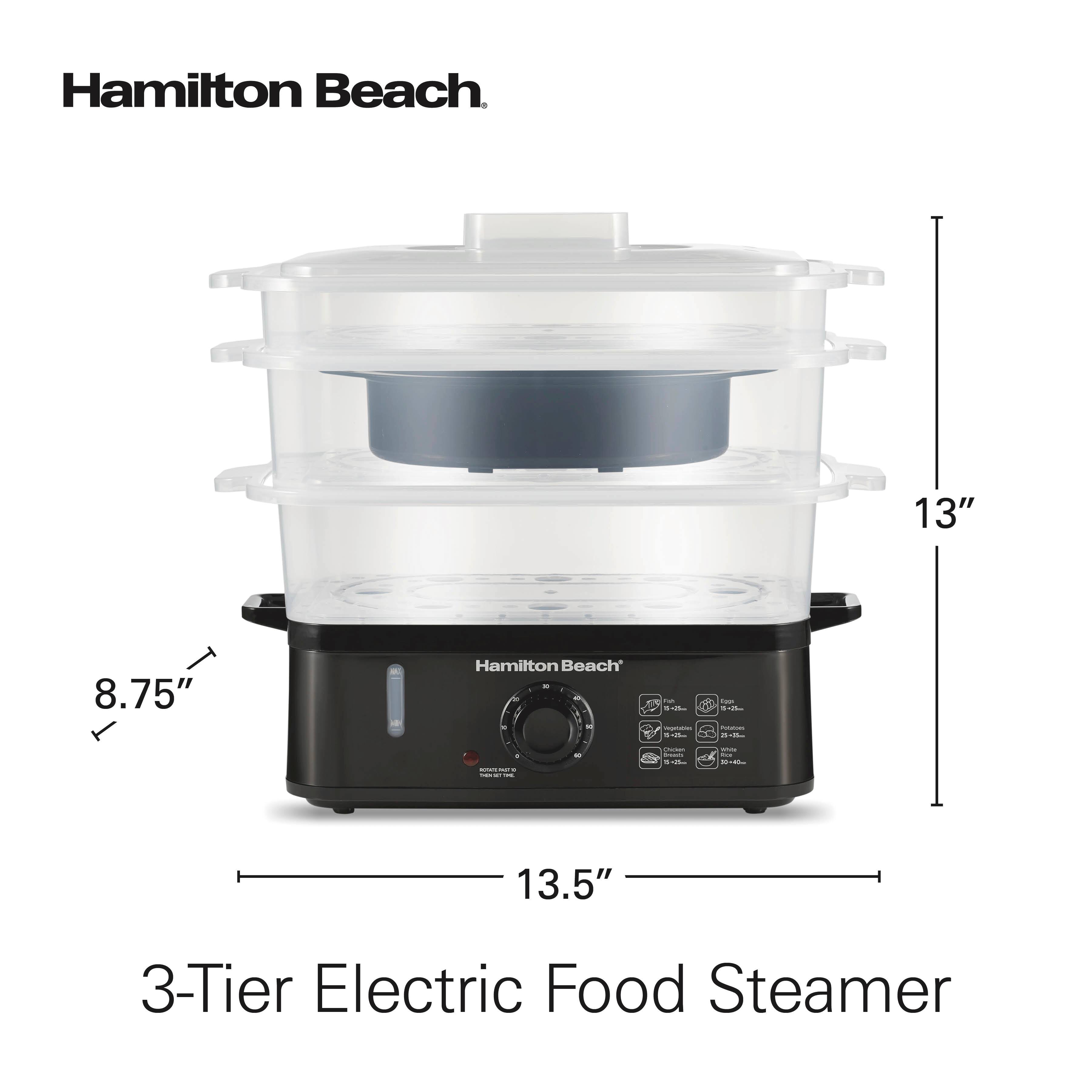Hamilton Beach  
13"  
8.75"  
Hamilton Beach 30 to e . =  
5-25m Regable  
tops 5425m POLICAME 3 The  
: - -  
.  
Cholet finamin SAL 5  
adidas roll 30:40mg  
13.5"  
3-Tier Electric Food Steamer