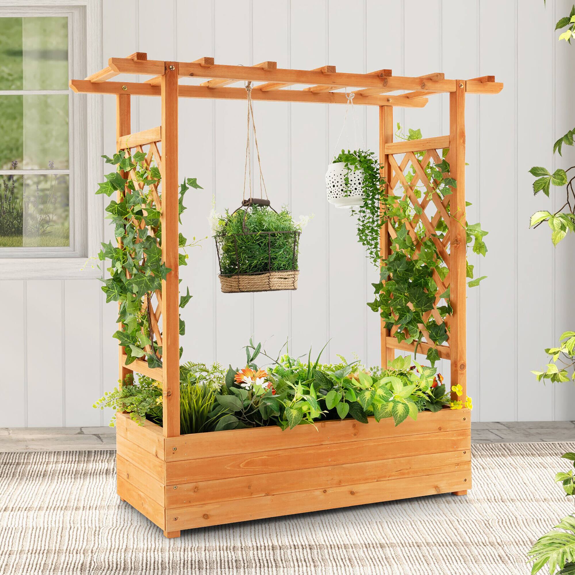 Alt View 1. Gymax - Gymax 2PCS Raised Garden Bed Planter Box w/ Side & Top Trellis for Vine Climbing Plants - Orange.